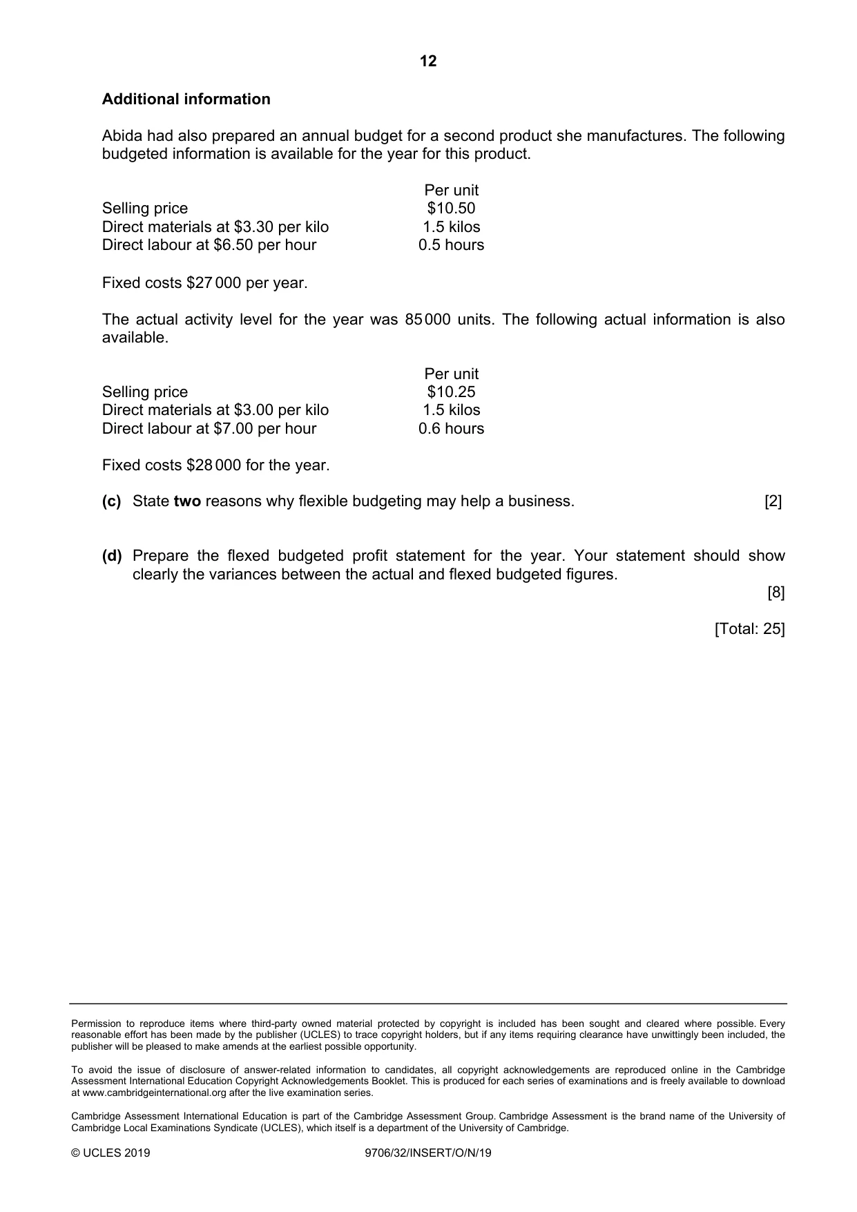 Cambridge A Level Accounting 9706 2019 Oct/Nov Paper 3 · Variant 2 question paper, page 12 of 12