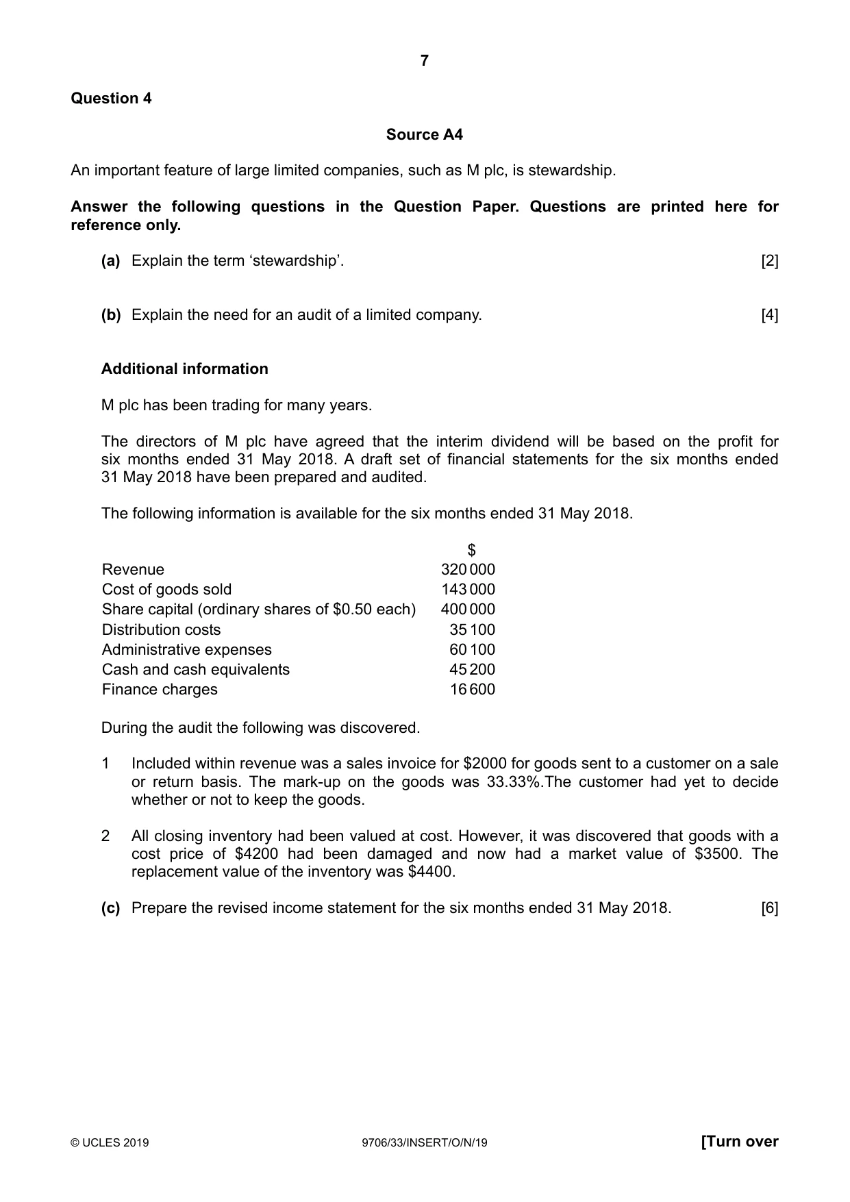 Cambridge A Level Accounting 9706 2019 Oct/Nov Paper 3 · Variant 3 question paper, page 7 of 12