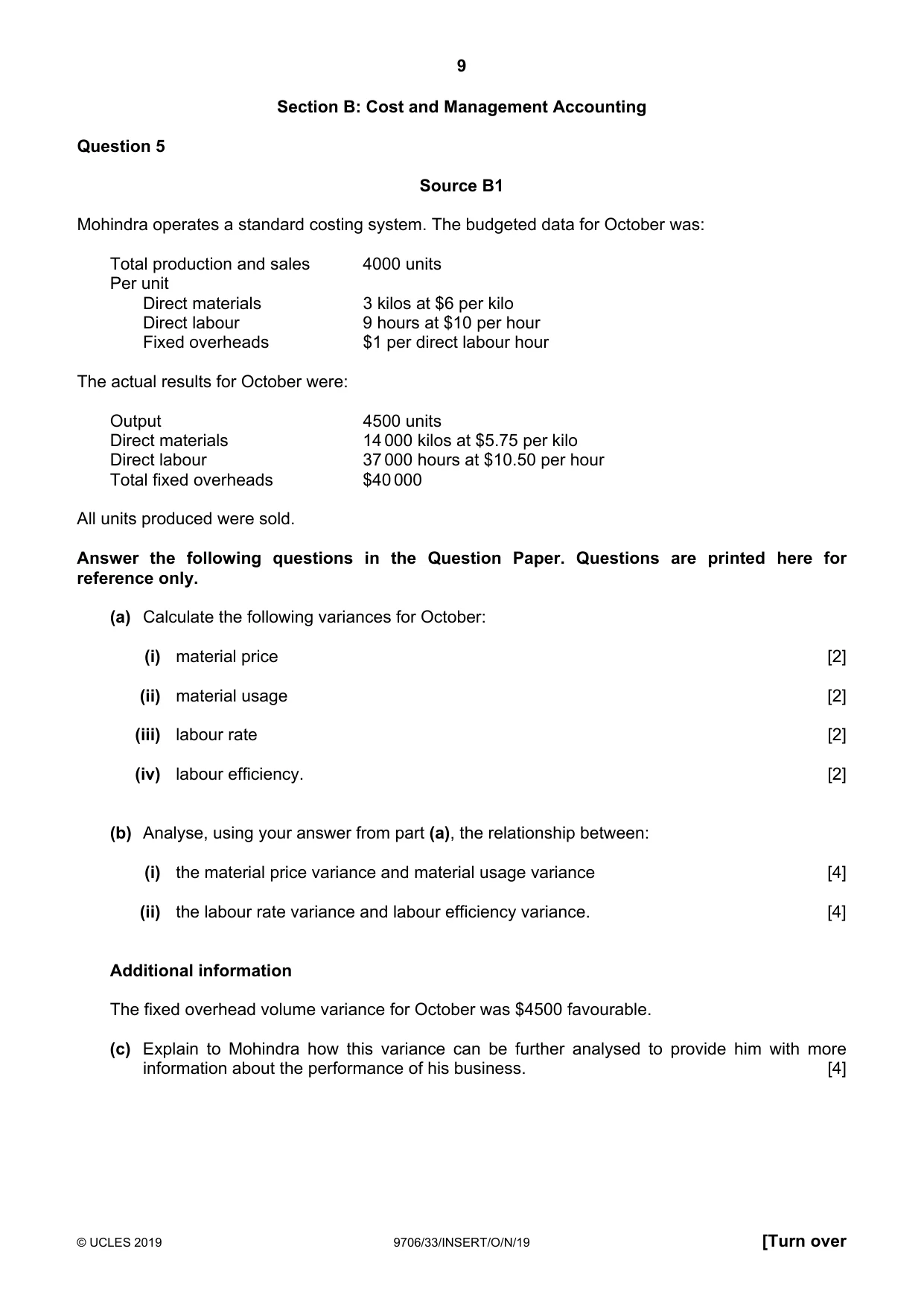 Cambridge A Level Accounting 9706 2019 Oct/Nov Paper 3 · Variant 3 question paper, page 9 of 12