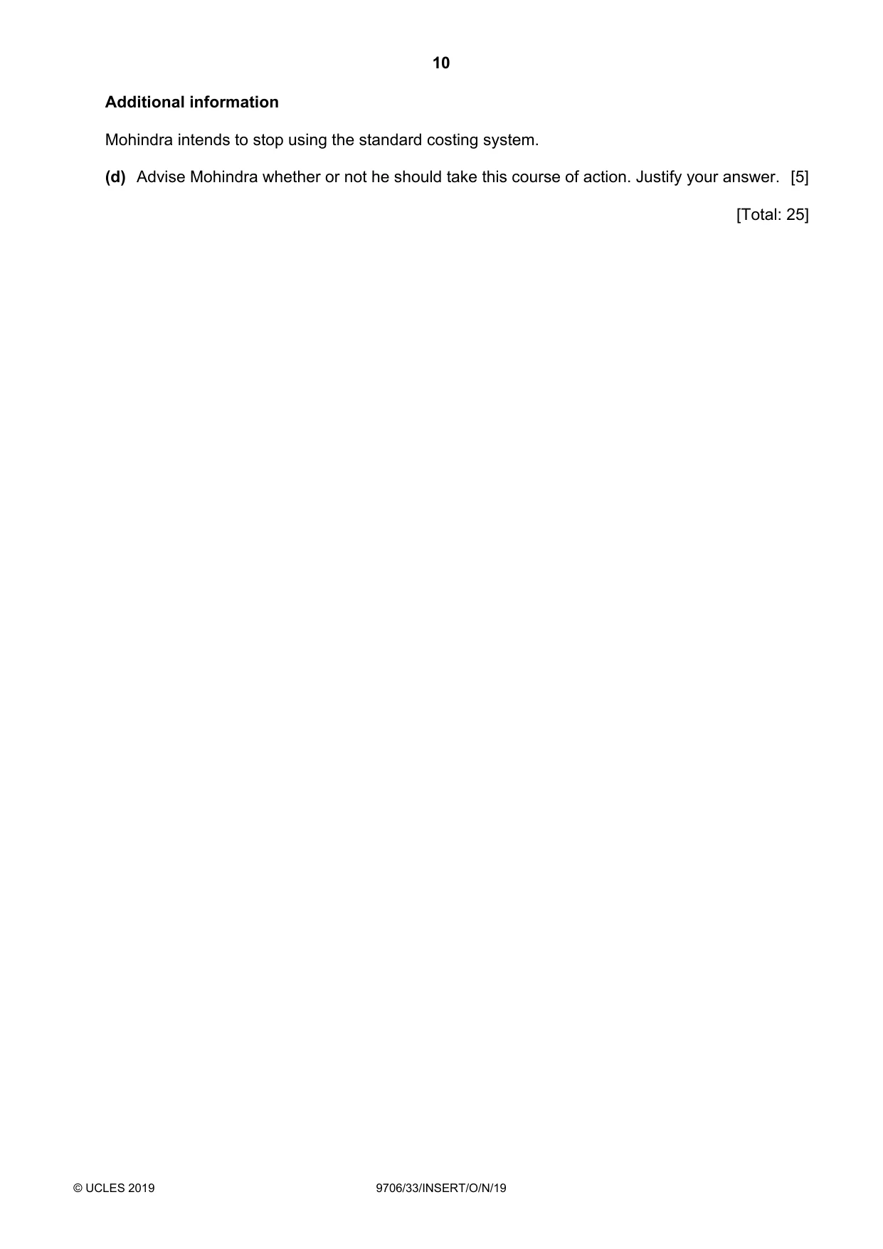 Cambridge A Level Accounting 9706 2019 Oct/Nov Paper 3 · Variant 3 question paper, page 10 of 12