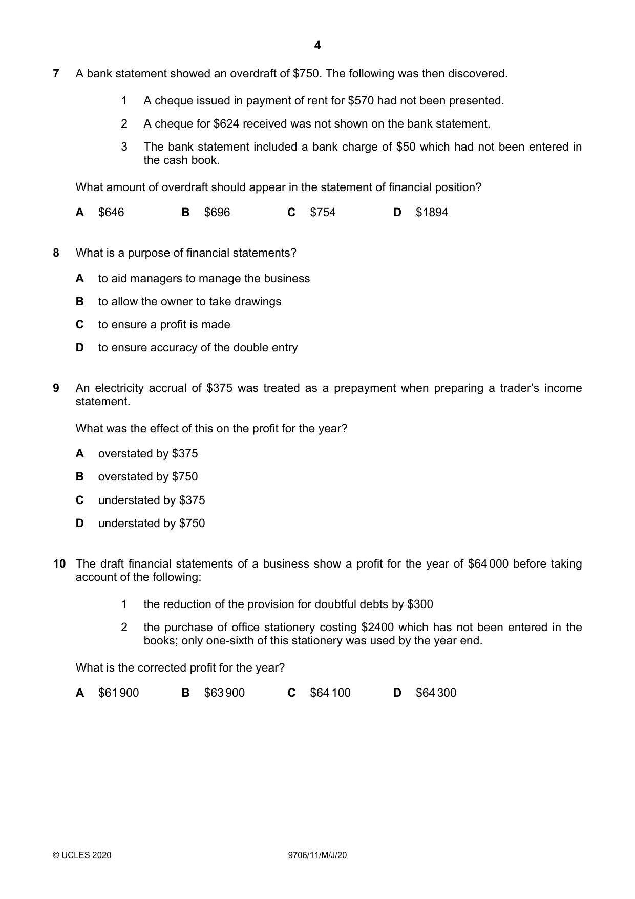 Cambridge A Level Accounting 9706 2020 May/June Paper 1 · Variant 1 question paper, page 4 of 12