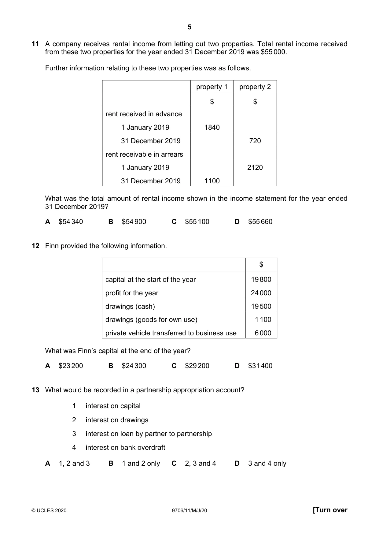 Cambridge A Level Accounting 9706 2020 May/June Paper 1 · Variant 1 question paper, page 5 of 12