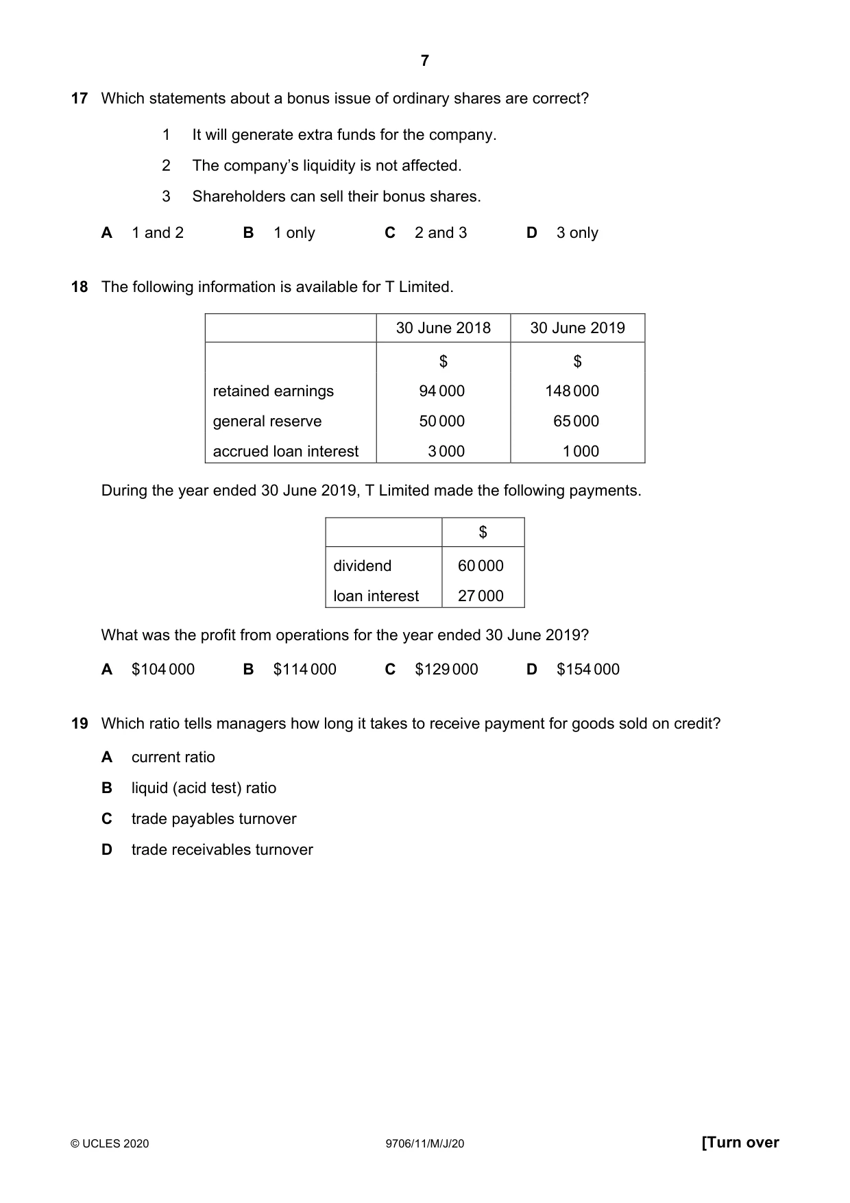 Cambridge A Level Accounting 9706 2020 May/June Paper 1 · Variant 1 question paper, page 7 of 12
