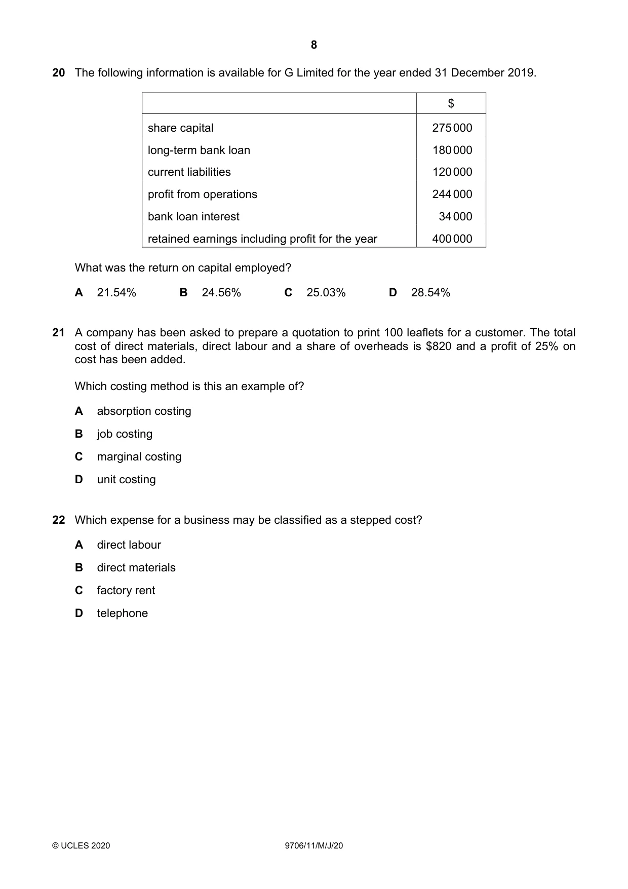 Cambridge A Level Accounting 9706 2020 May/June Paper 1 · Variant 1 question paper, page 8 of 12