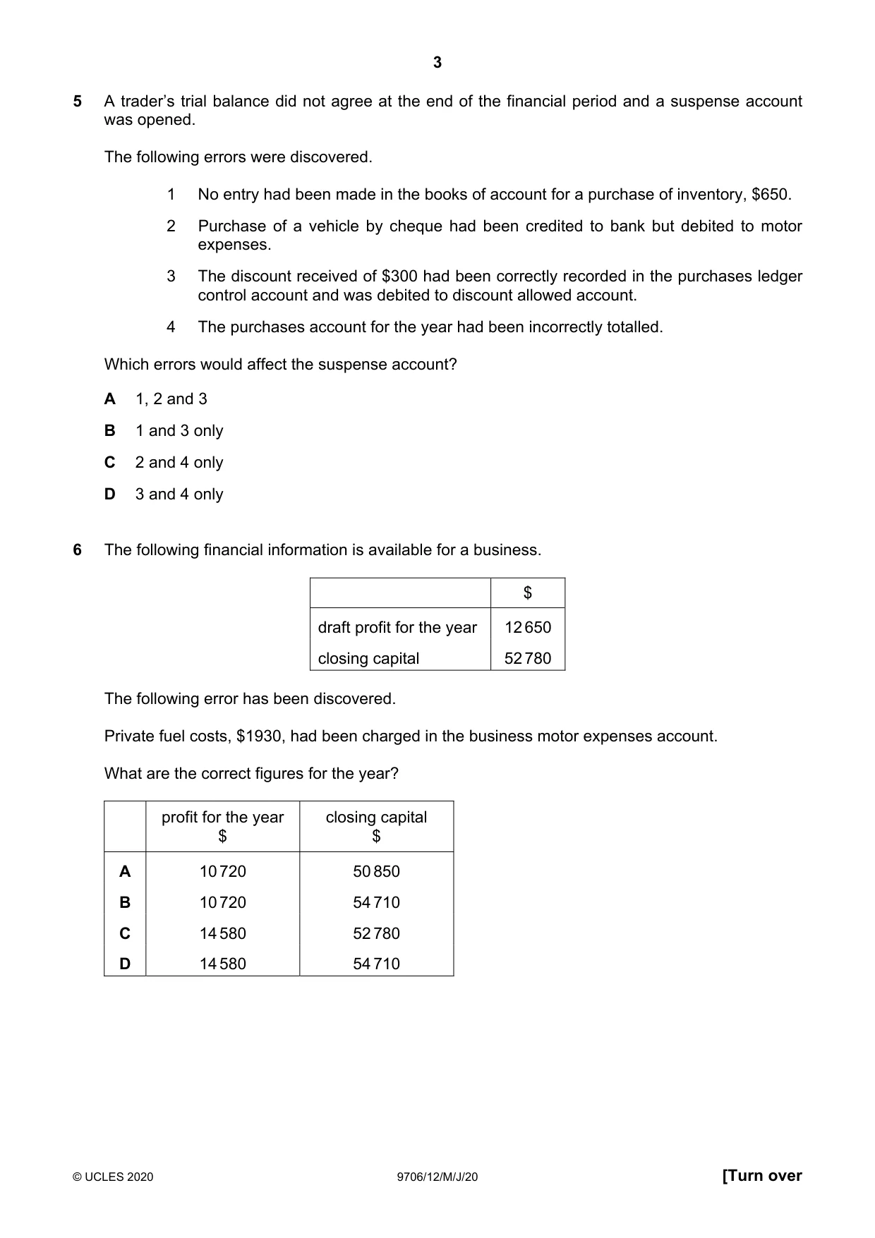 Cambridge A Level Accounting 9706 2020 May/June Paper 1 · Variant 2 question paper, page 3 of 12
