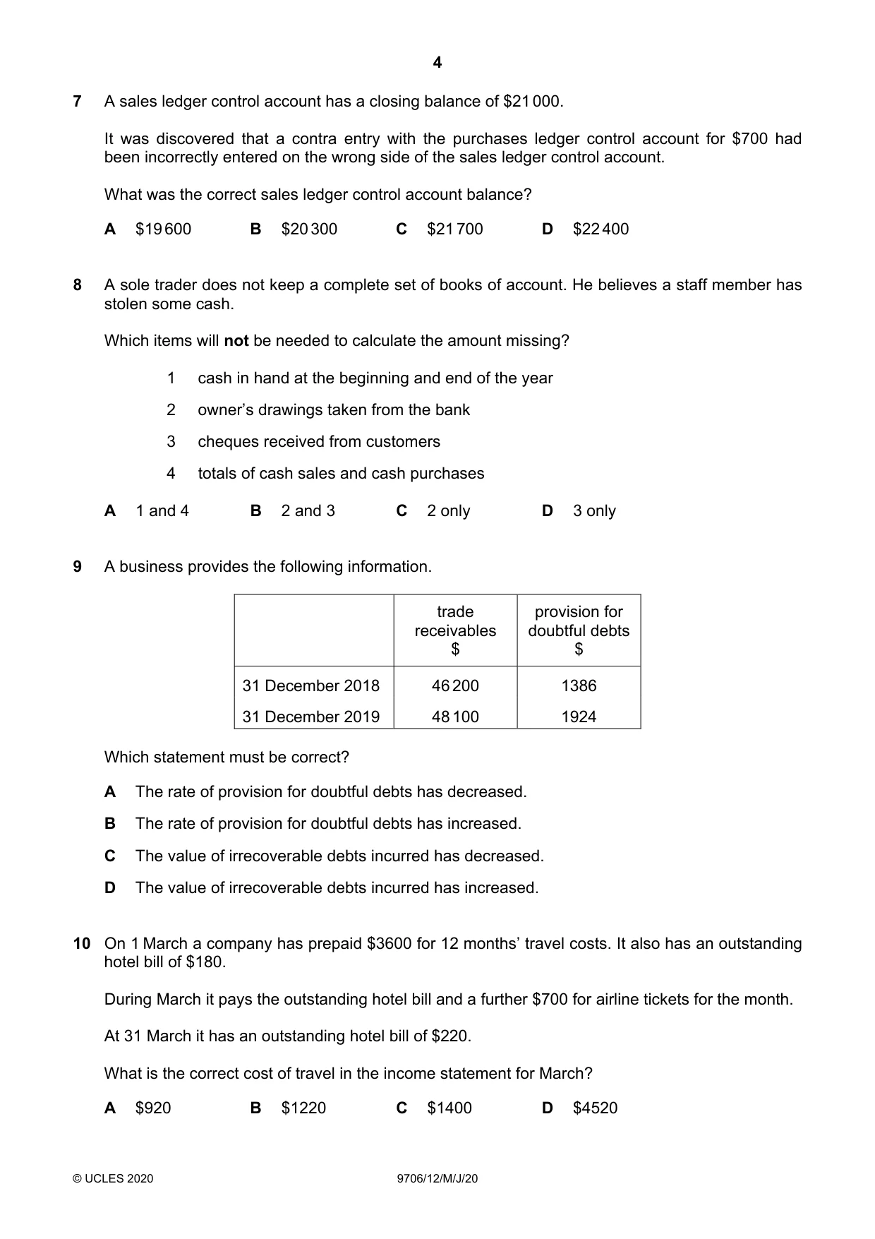 Cambridge A Level Accounting 9706 2020 May/June Paper 1 · Variant 2 question paper, page 4 of 12