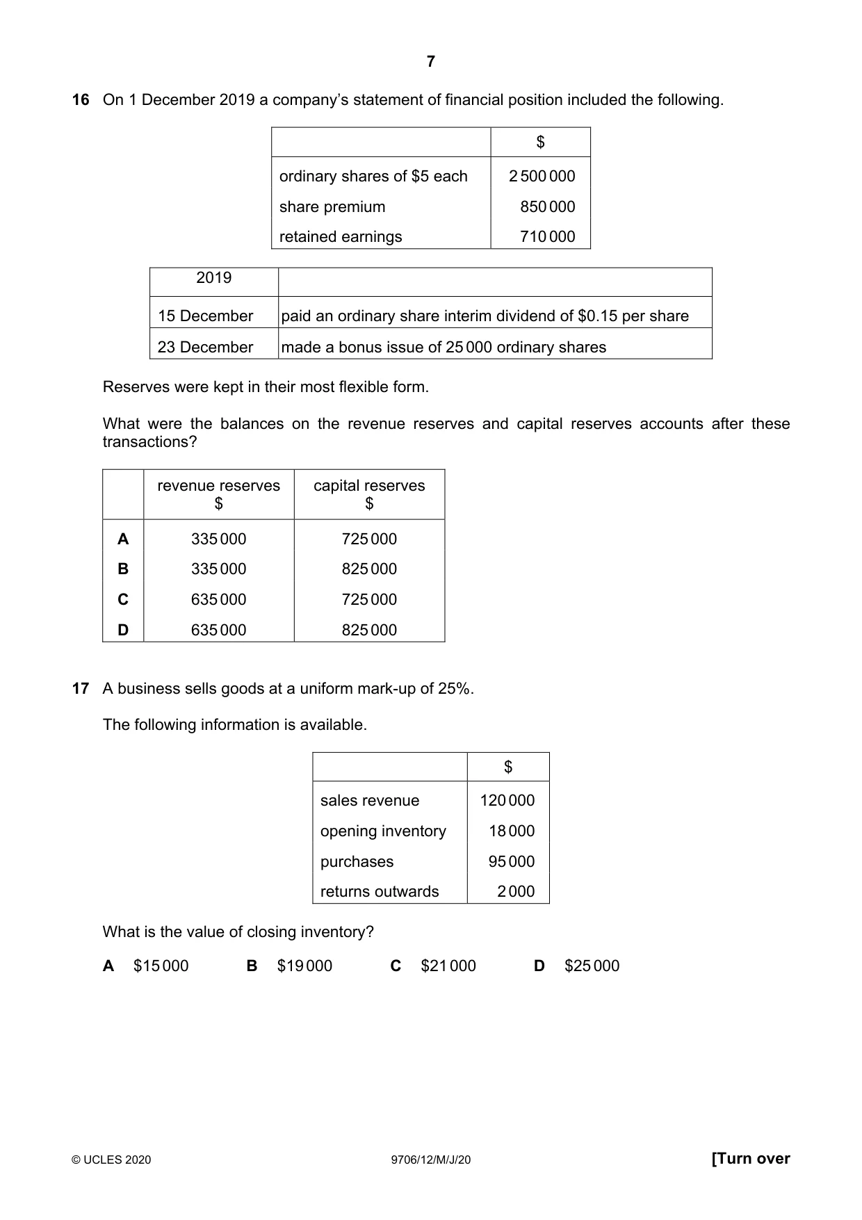 Cambridge A Level Accounting 9706 2020 May/June Paper 1 · Variant 2 question paper, page 7 of 12