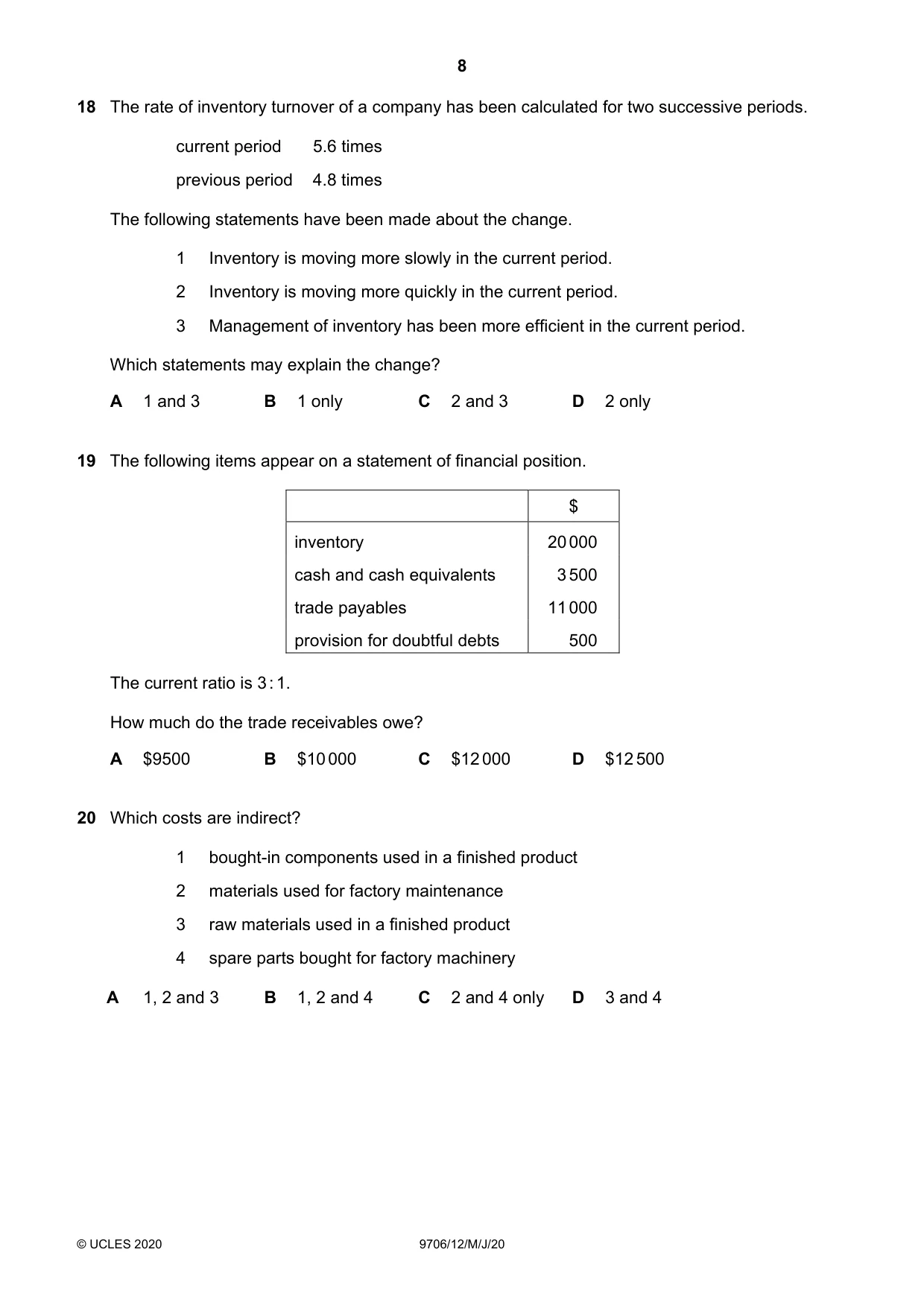 Cambridge A Level Accounting 9706 2020 May/June Paper 1 · Variant 2 question paper, page 8 of 12