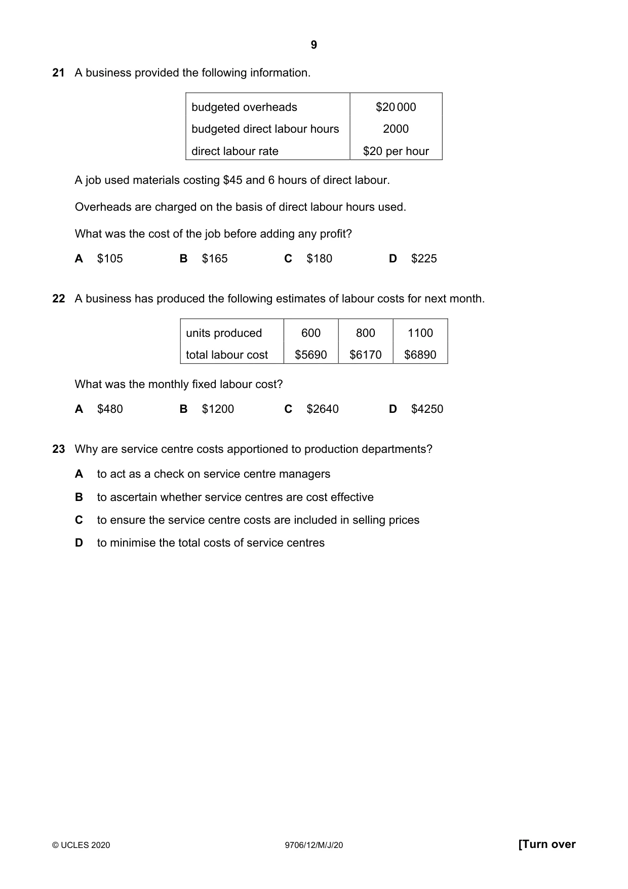 Cambridge A Level Accounting 9706 2020 May/June Paper 1 · Variant 2 question paper, page 9 of 12