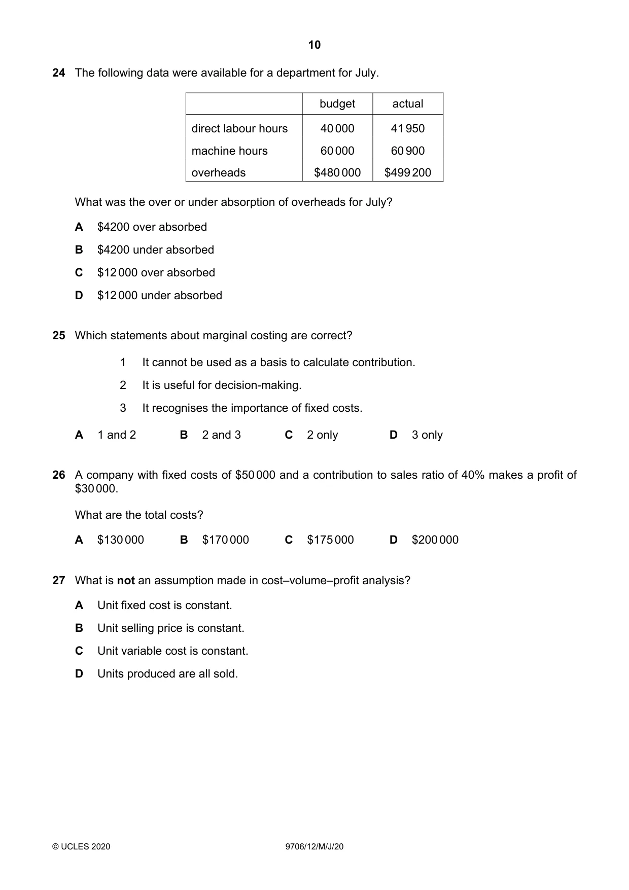Cambridge A Level Accounting 9706 2020 May/June Paper 1 · Variant 2 question paper, page 10 of 12