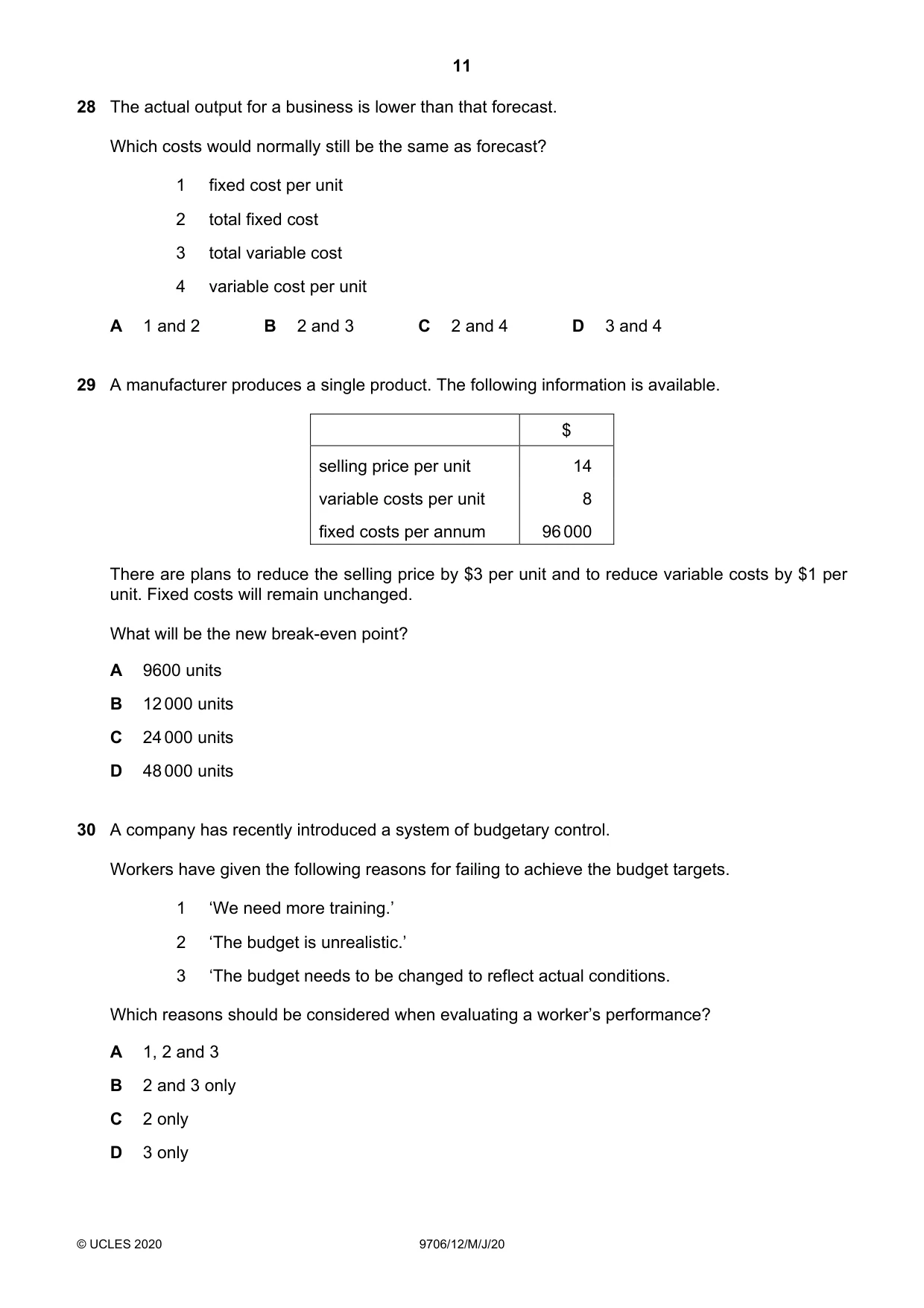 Cambridge A Level Accounting 9706 2020 May/June Paper 1 · Variant 2 question paper, page 11 of 12