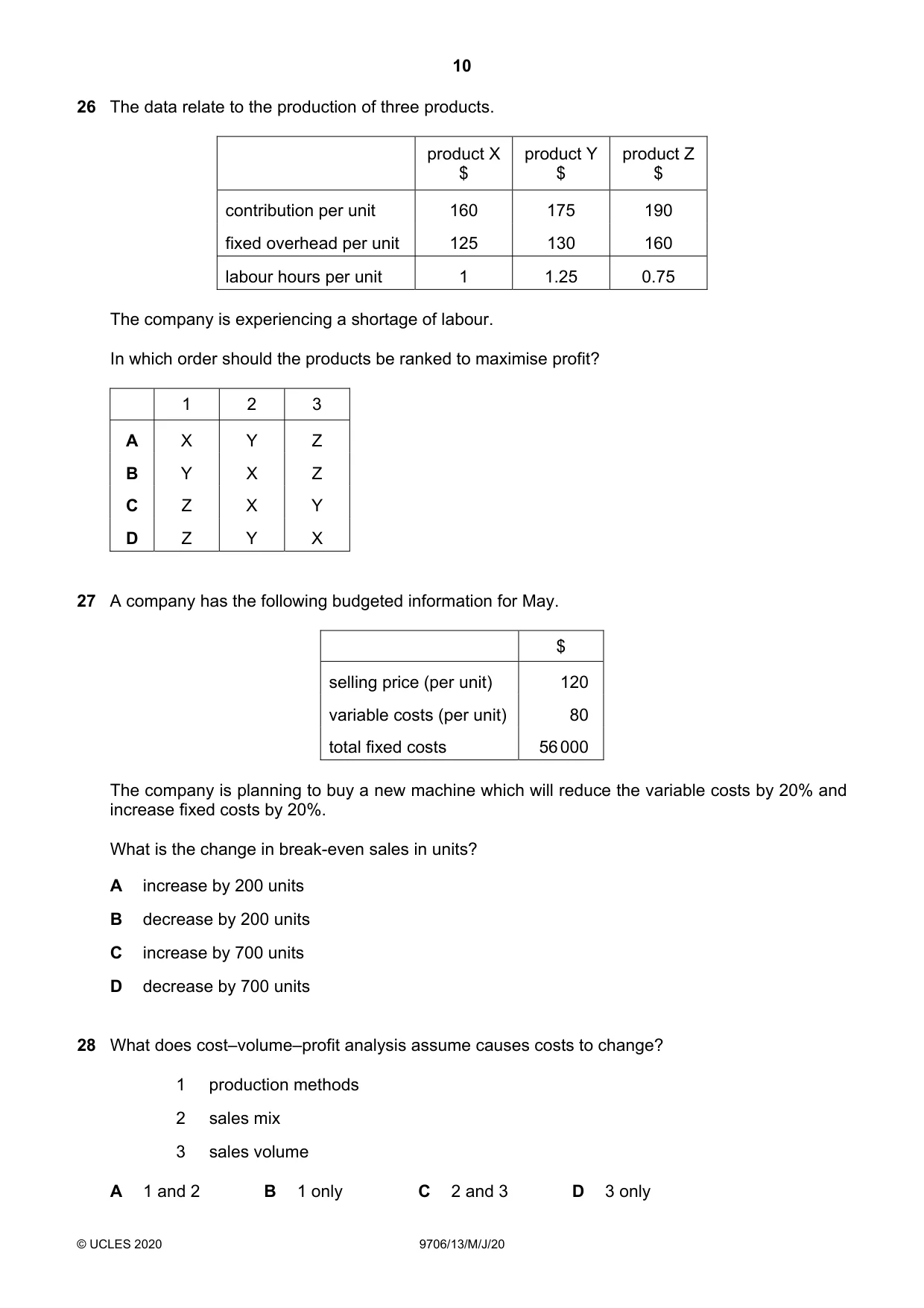 Cambridge A Level Accounting 9706 2020 May/June Paper 1 · Variant 3 question paper, page 10 of 12