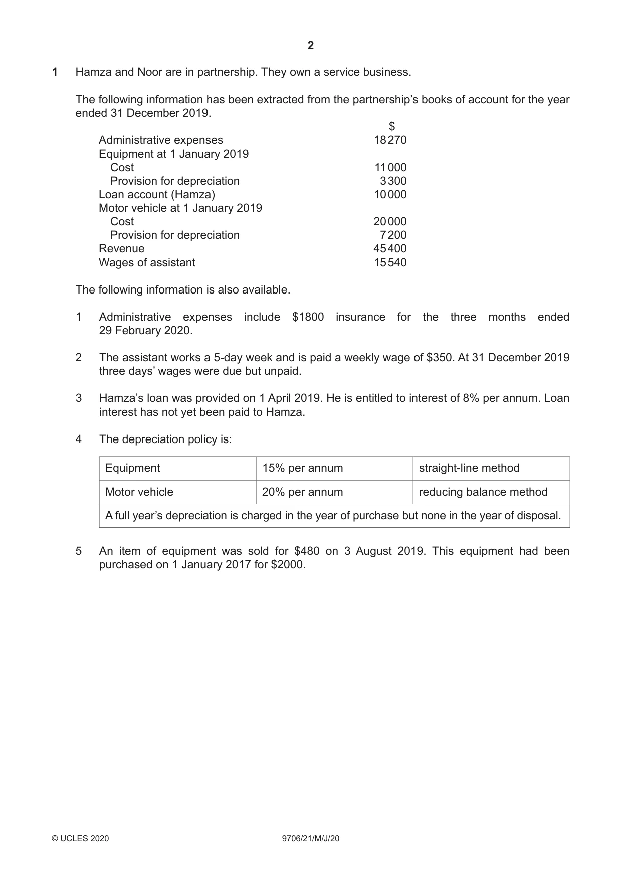 Cambridge A Level Accounting 9706 2020 May/June Paper 2 · Variant 1 question paper, page 2 of 20