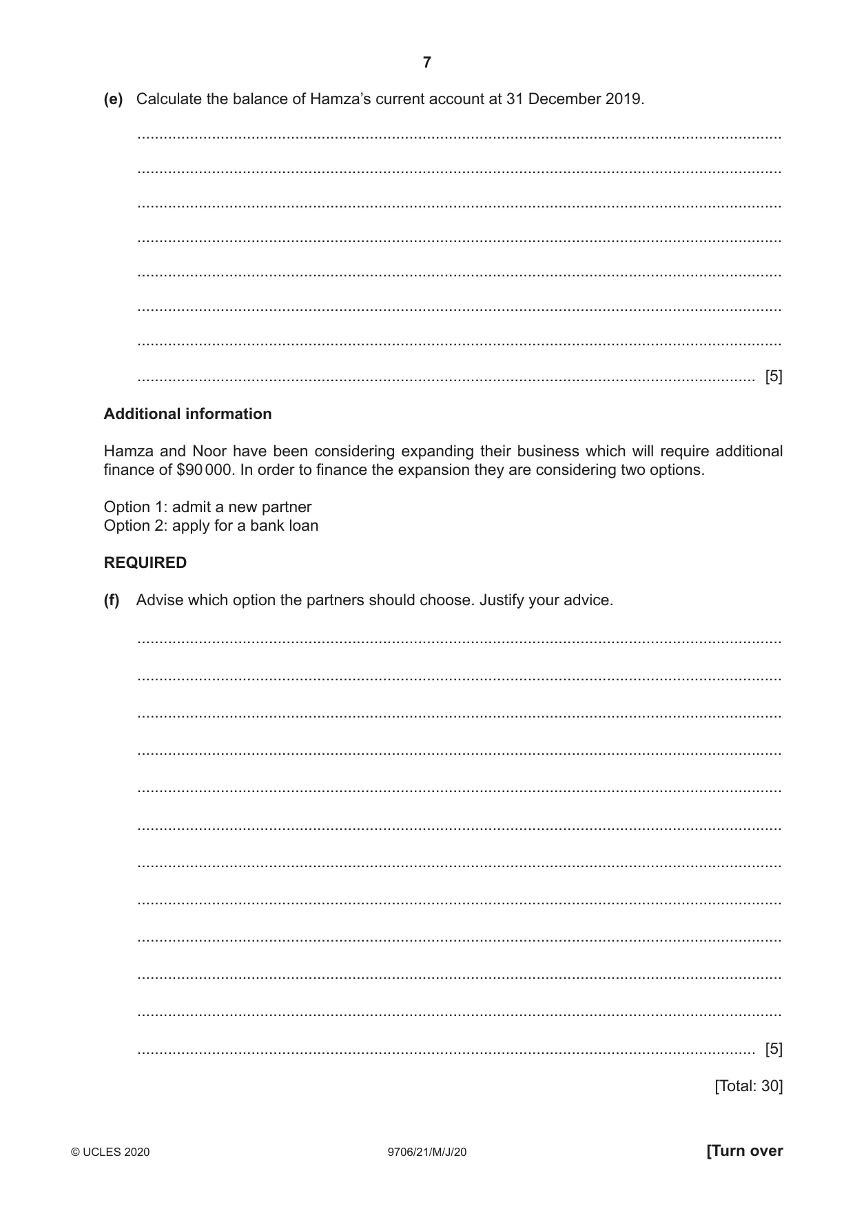 Cambridge A Level Accounting 9706 2020 May/June Paper 2 · Variant 1 question paper, page 7 of 20