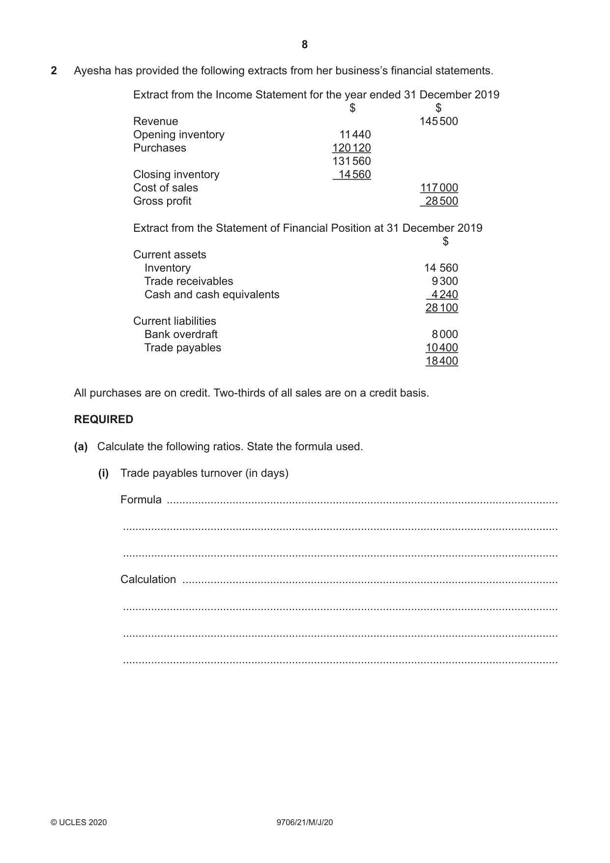Cambridge A Level Accounting 9706 2020 May/June Paper 2 · Variant 1 question paper, page 8 of 20