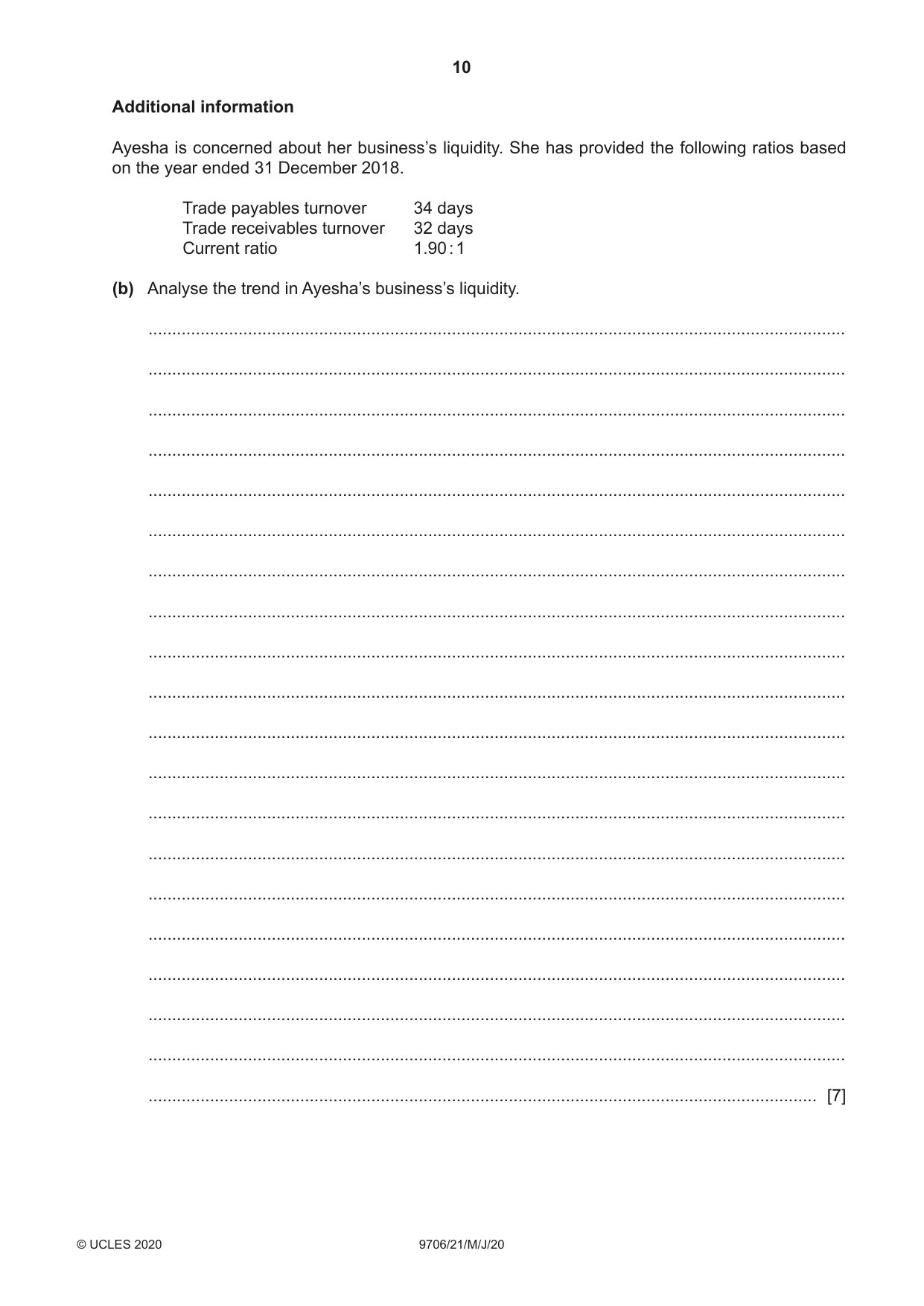 Cambridge A Level Accounting 9706 2020 May/June Paper 2 · Variant 1 question paper, page 10 of 20