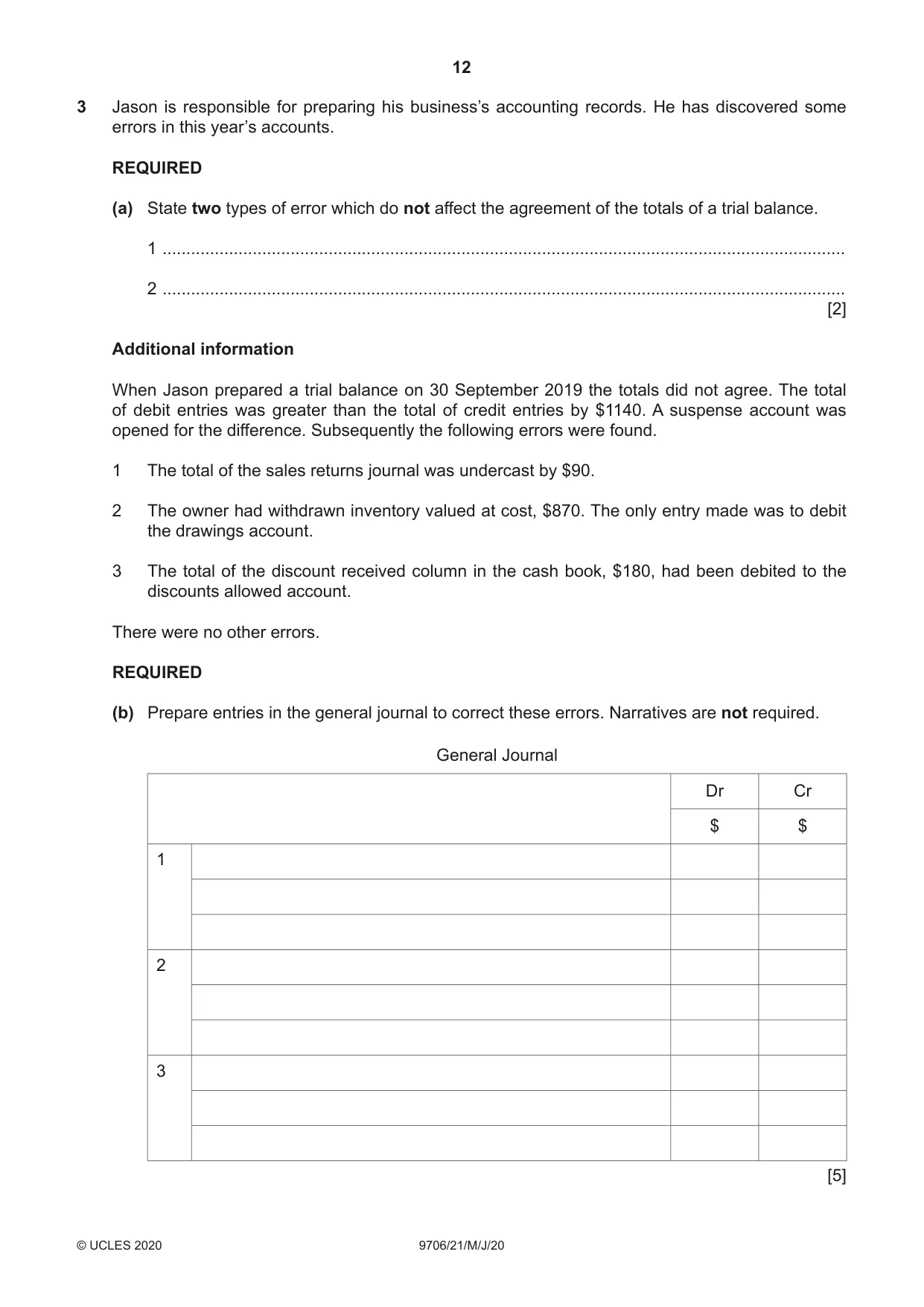 Cambridge A Level Accounting 9706 2020 May/June Paper 2 · Variant 1 question paper, page 12 of 20