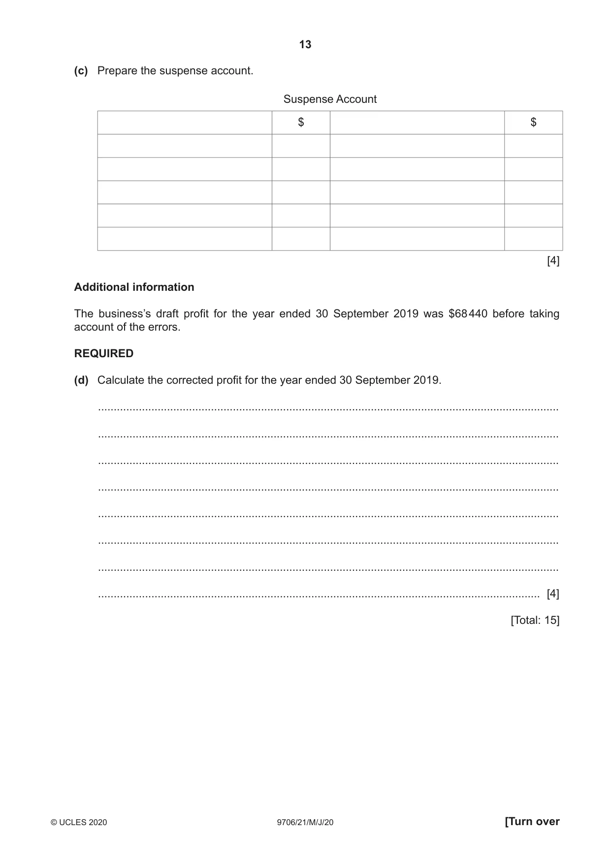 Cambridge A Level Accounting 9706 2020 May/June Paper 2 · Variant 1 question paper, page 13 of 20