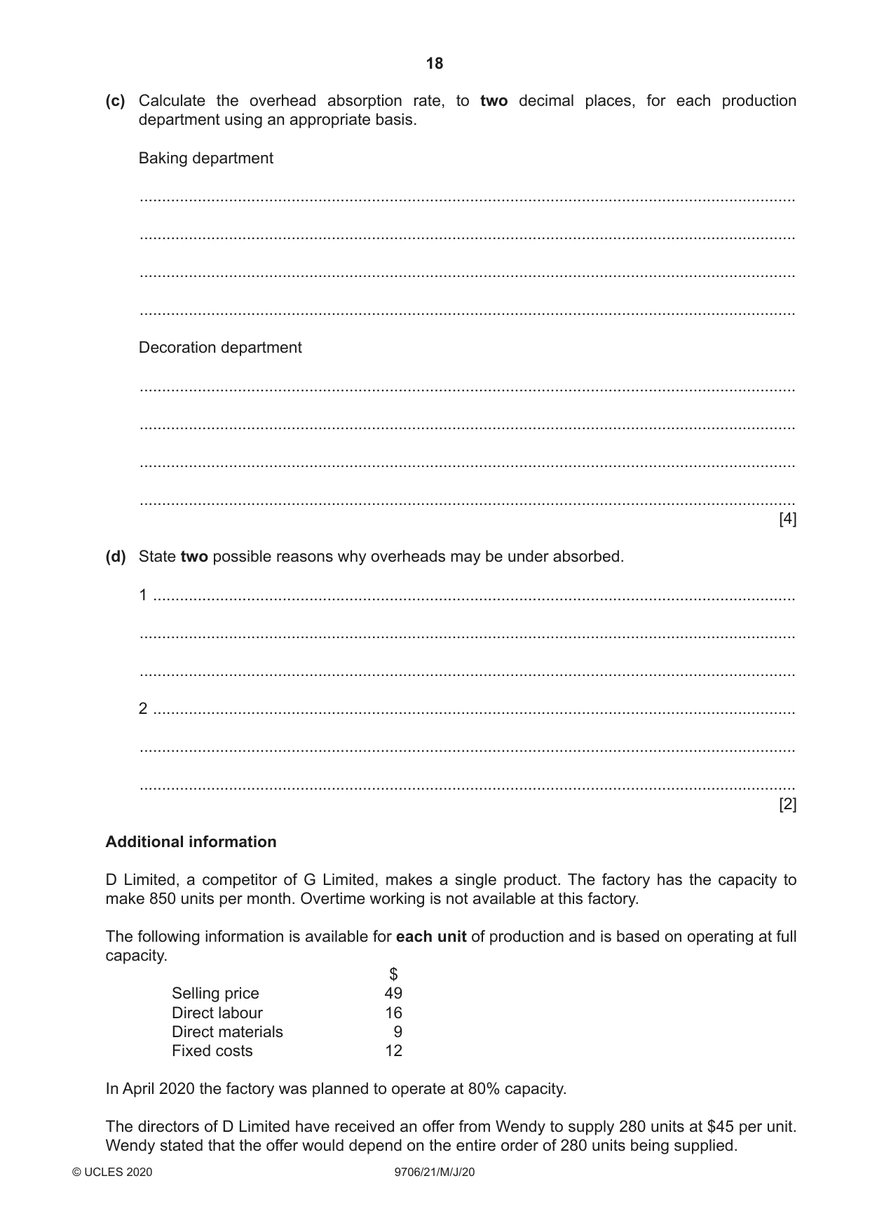 Cambridge A Level Accounting 9706 2020 May/June Paper 2 · Variant 1 question paper, page 18 of 20