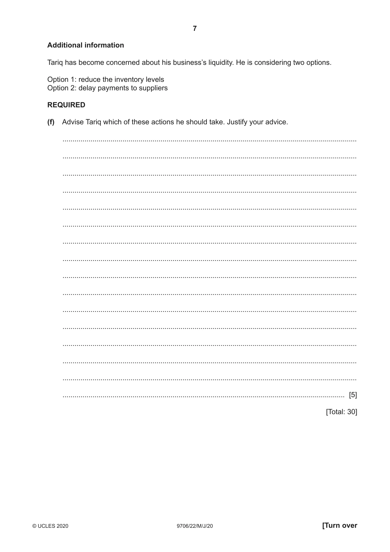 Cambridge A Level Accounting 9706 2020 May/June Paper 2 · Variant 2 question paper, page 7 of 20