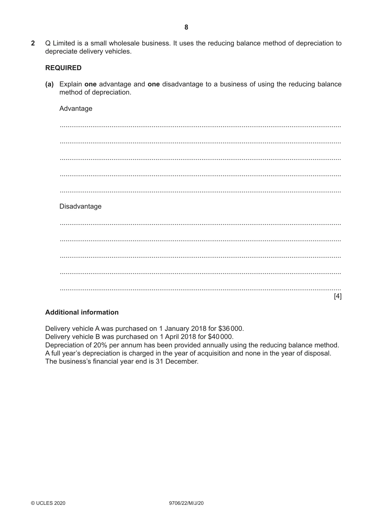 Cambridge A Level Accounting 9706 2020 May/June Paper 2 · Variant 2 question paper, page 8 of 20