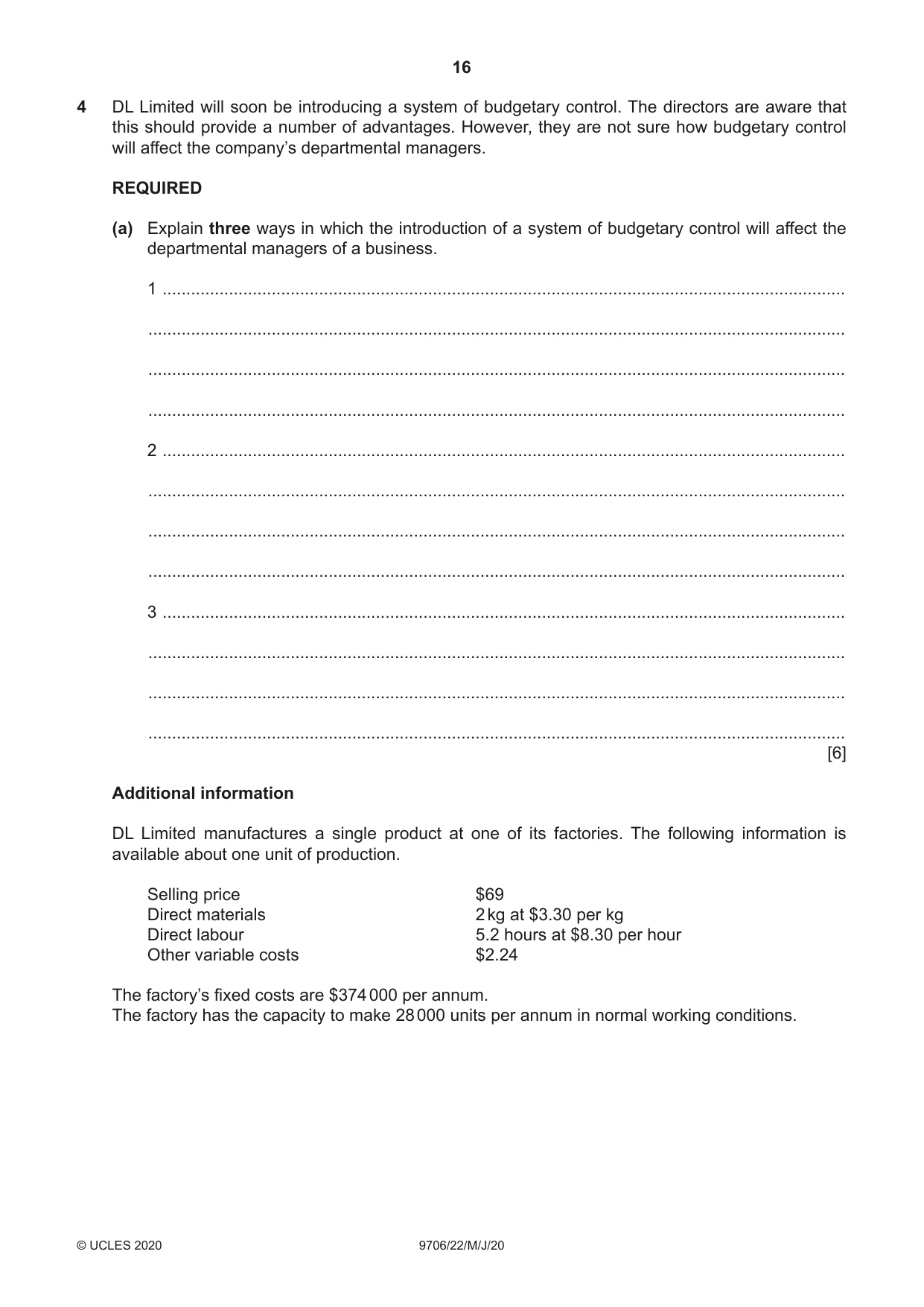 Cambridge A Level Accounting 9706 2020 May/June Paper 2 · Variant 2 question paper, page 16 of 20