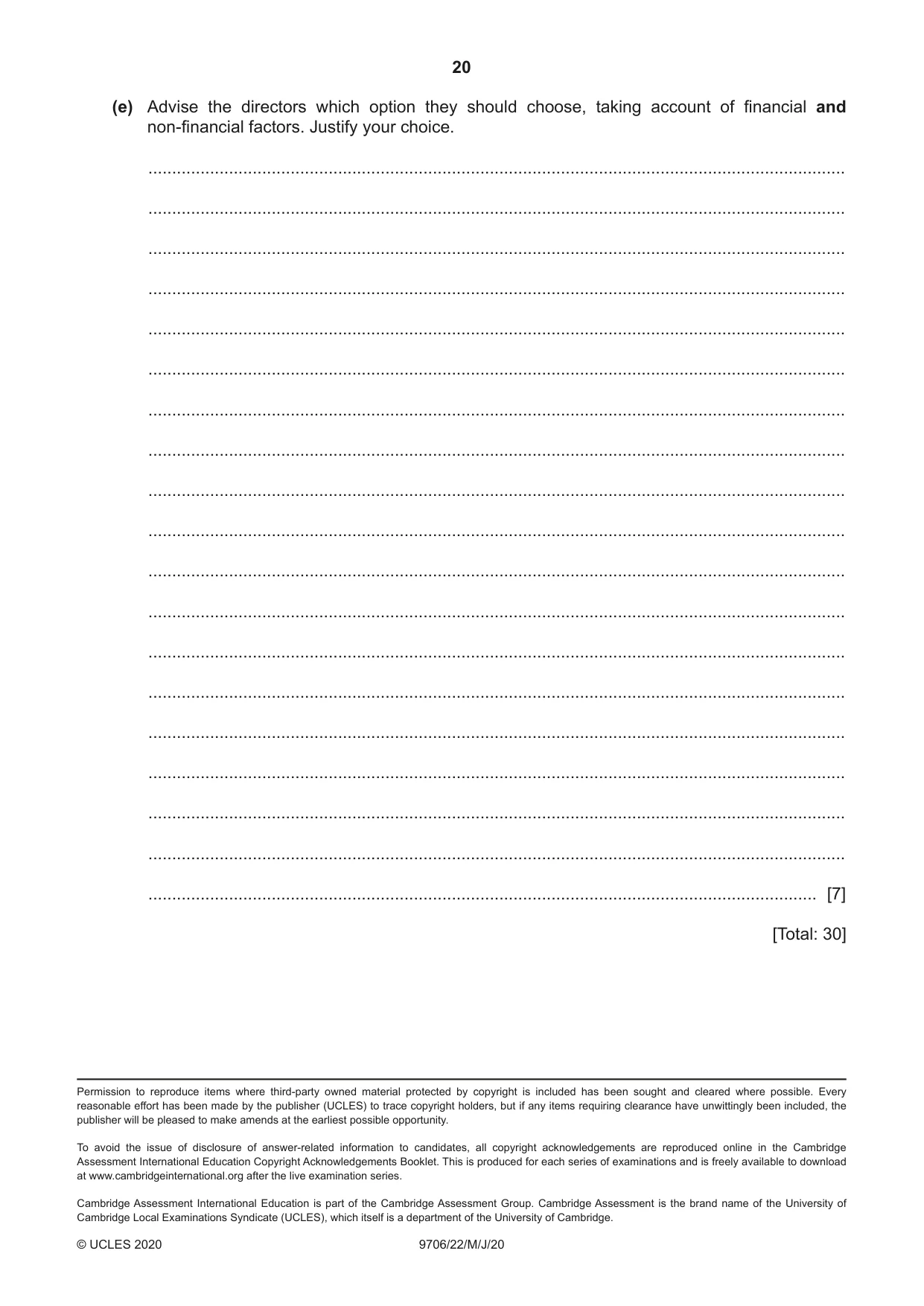 Cambridge A Level Accounting 9706 2020 May/June Paper 2 · Variant 2 question paper, page 20 of 20