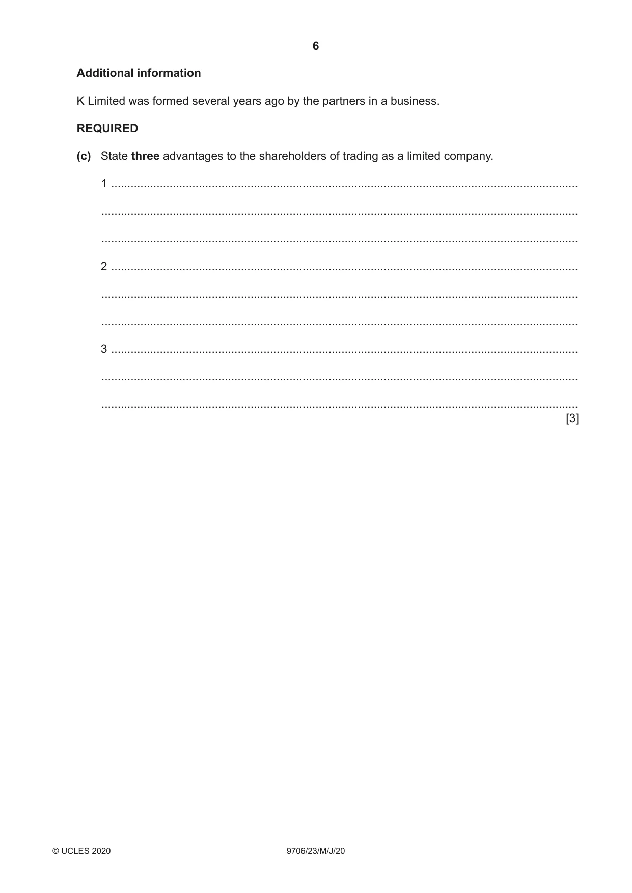 Cambridge A Level Accounting 9706 2020 May/June Paper 2 · Variant 3 question paper, page 6 of 20