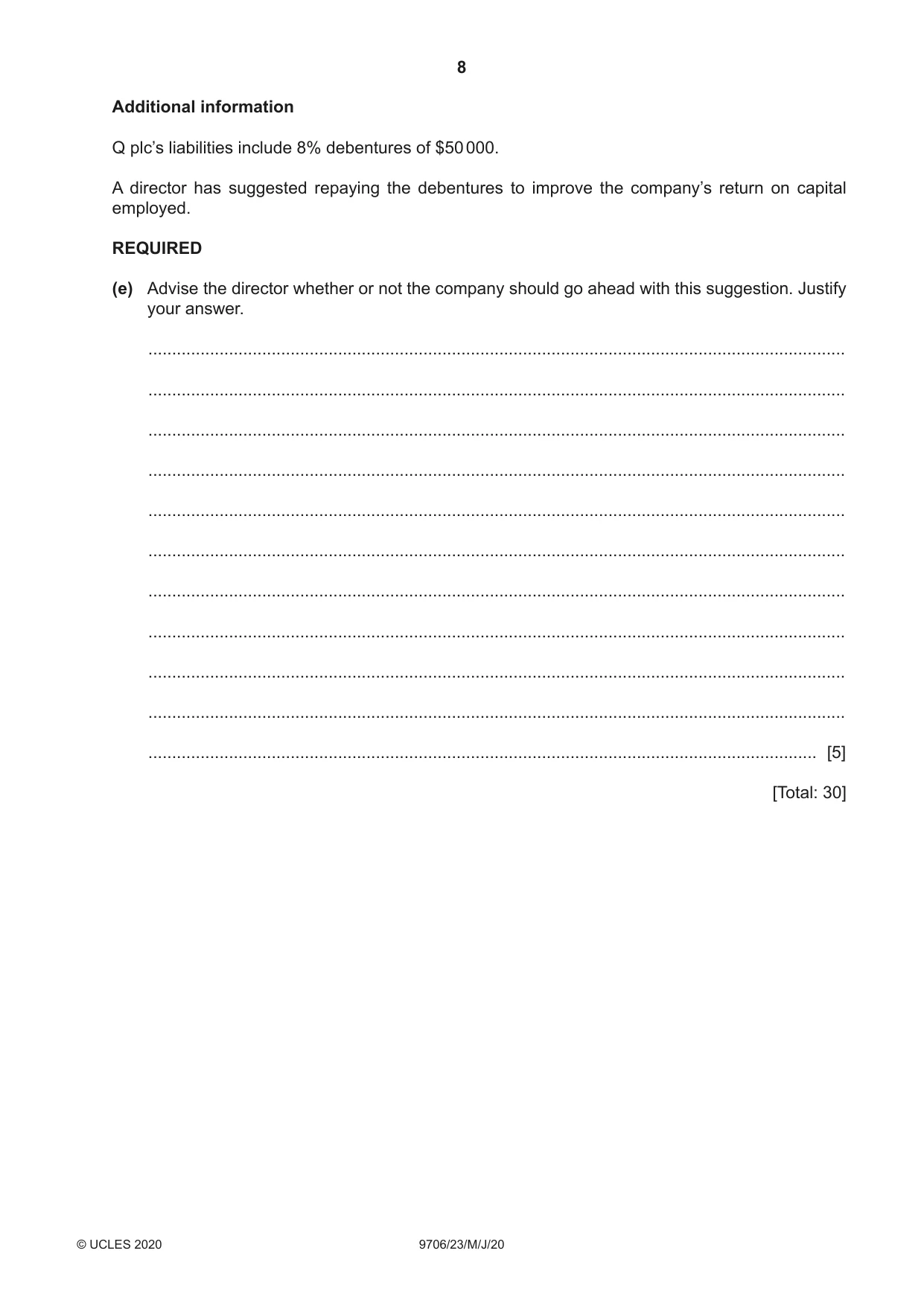 Cambridge A Level Accounting 9706 2020 May/June Paper 2 · Variant 3 question paper, page 8 of 20