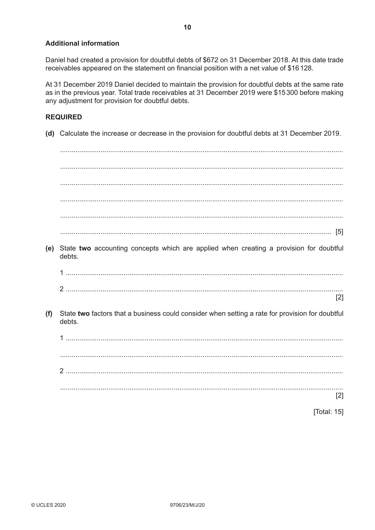 Cambridge A Level Accounting 9706 2020 May/June Paper 2 · Variant 3 question paper, page 10 of 20