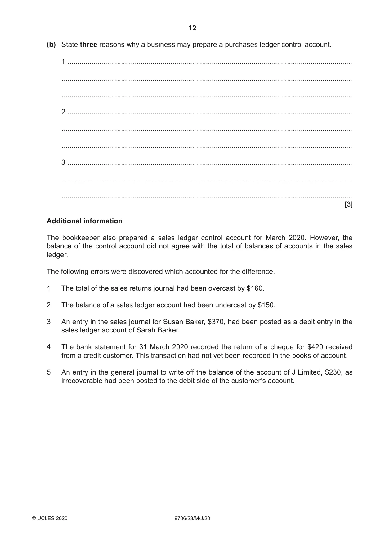 Cambridge A Level Accounting 9706 2020 May/June Paper 2 · Variant 3 question paper, page 12 of 20