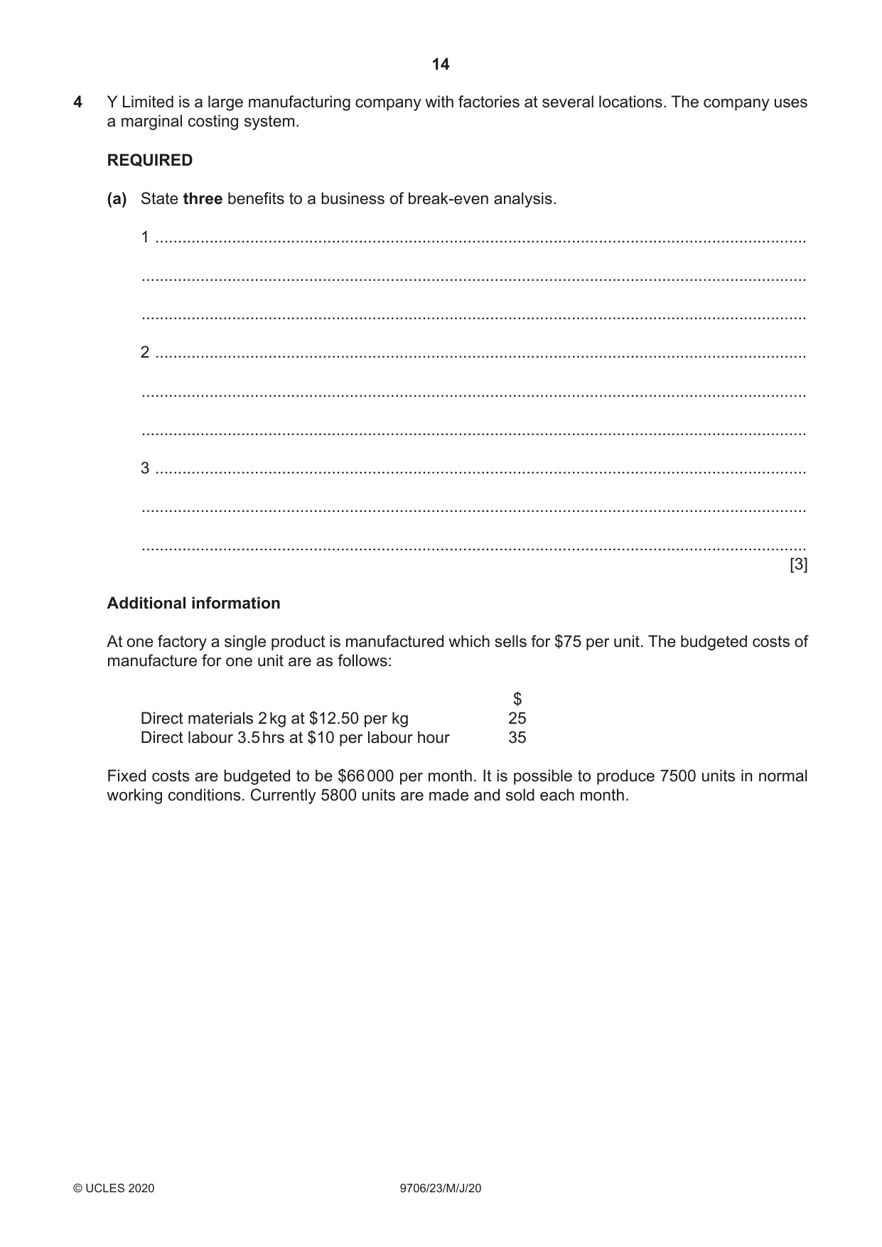 Cambridge A Level Accounting 9706 2020 May/June Paper 2 · Variant 3 question paper, page 14 of 20