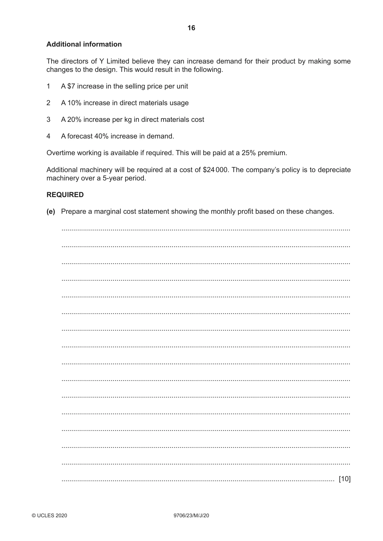 Cambridge A Level Accounting 9706 2020 May/June Paper 2 · Variant 3 question paper, page 16 of 20