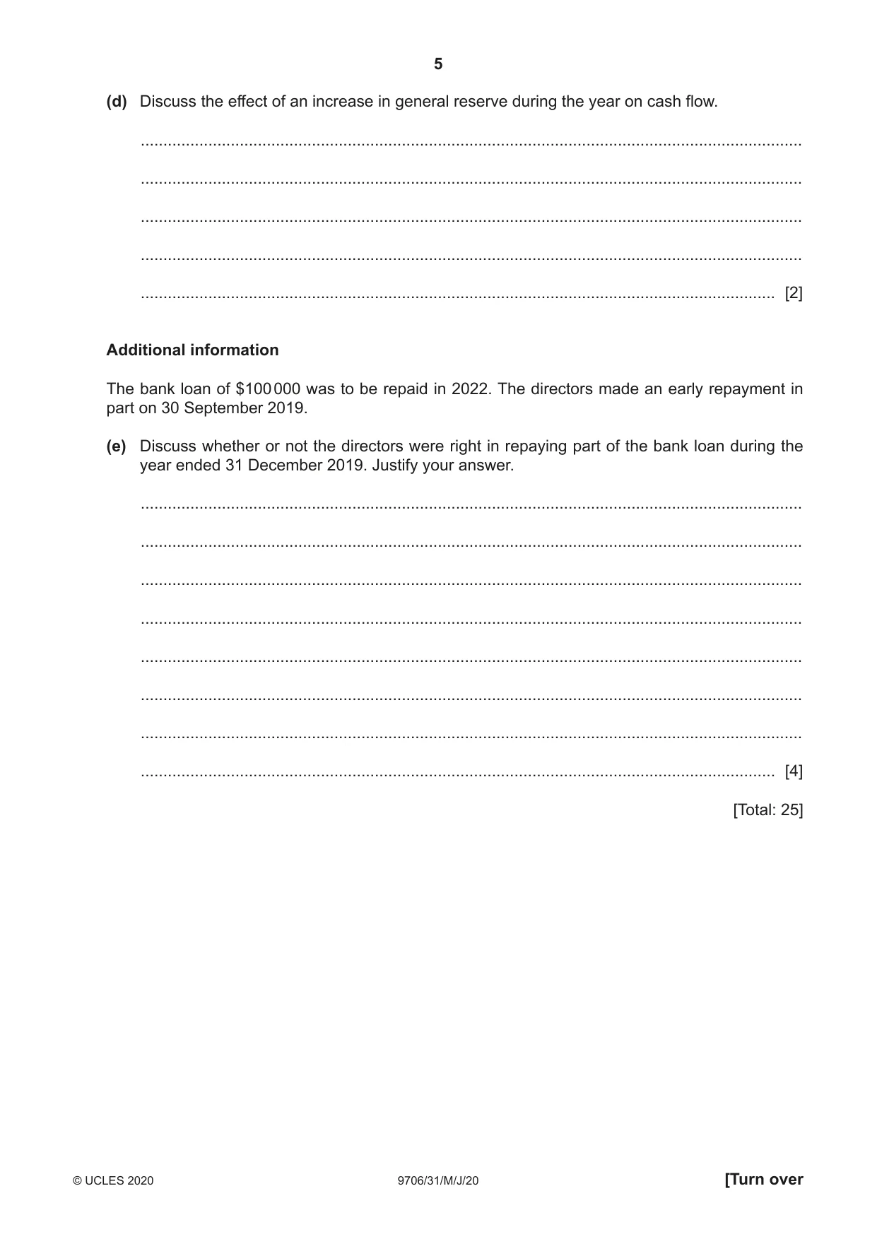 Cambridge A Level Accounting 9706 2020 May/June Paper 3 · Variant 1 question paper, page 5 of 28