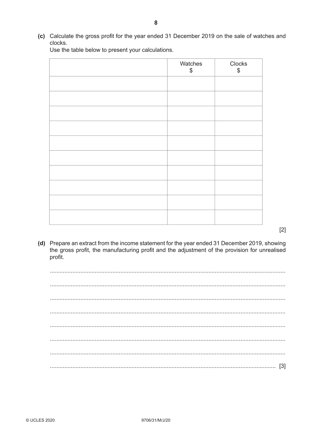 Cambridge A Level Accounting 9706 2020 May/June Paper 3 · Variant 1 question paper, page 8 of 28