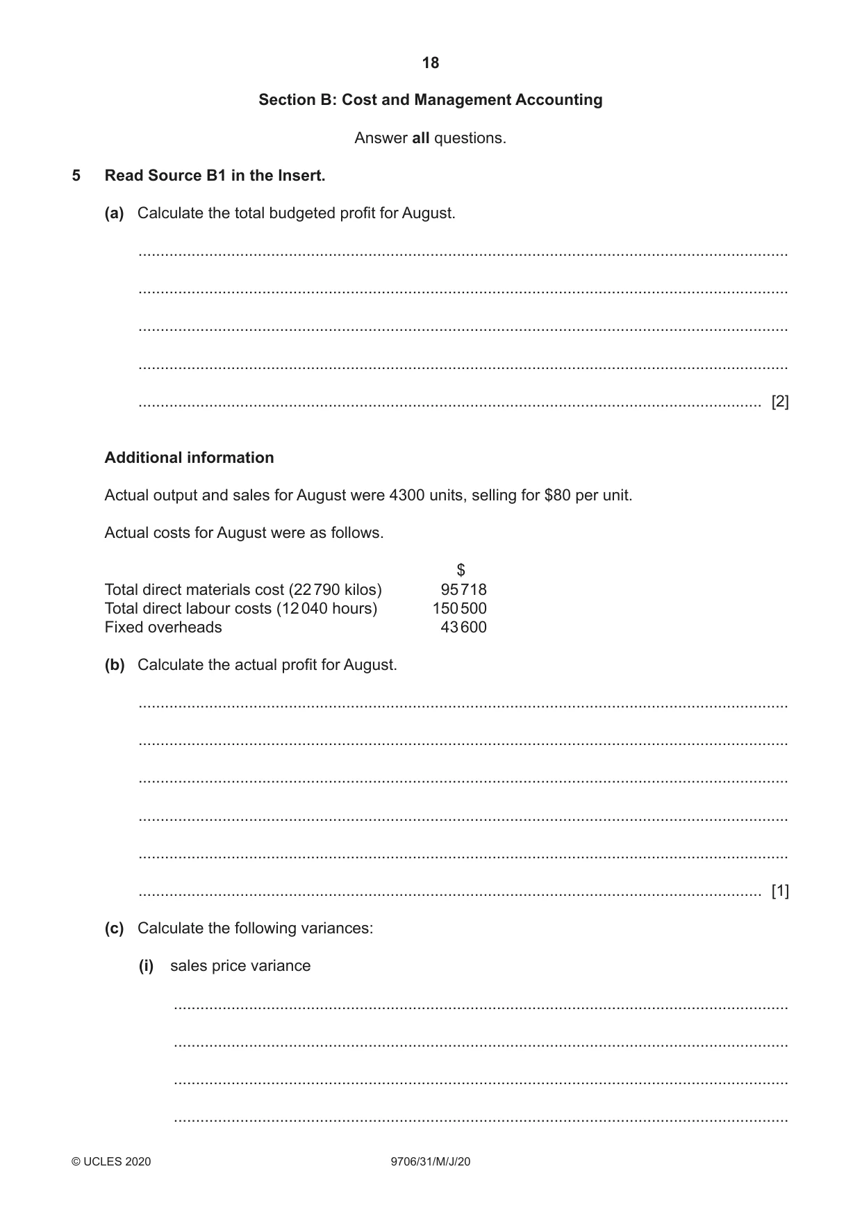 Cambridge A Level Accounting 9706 2020 May/June Paper 3 · Variant 1 question paper, page 18 of 28