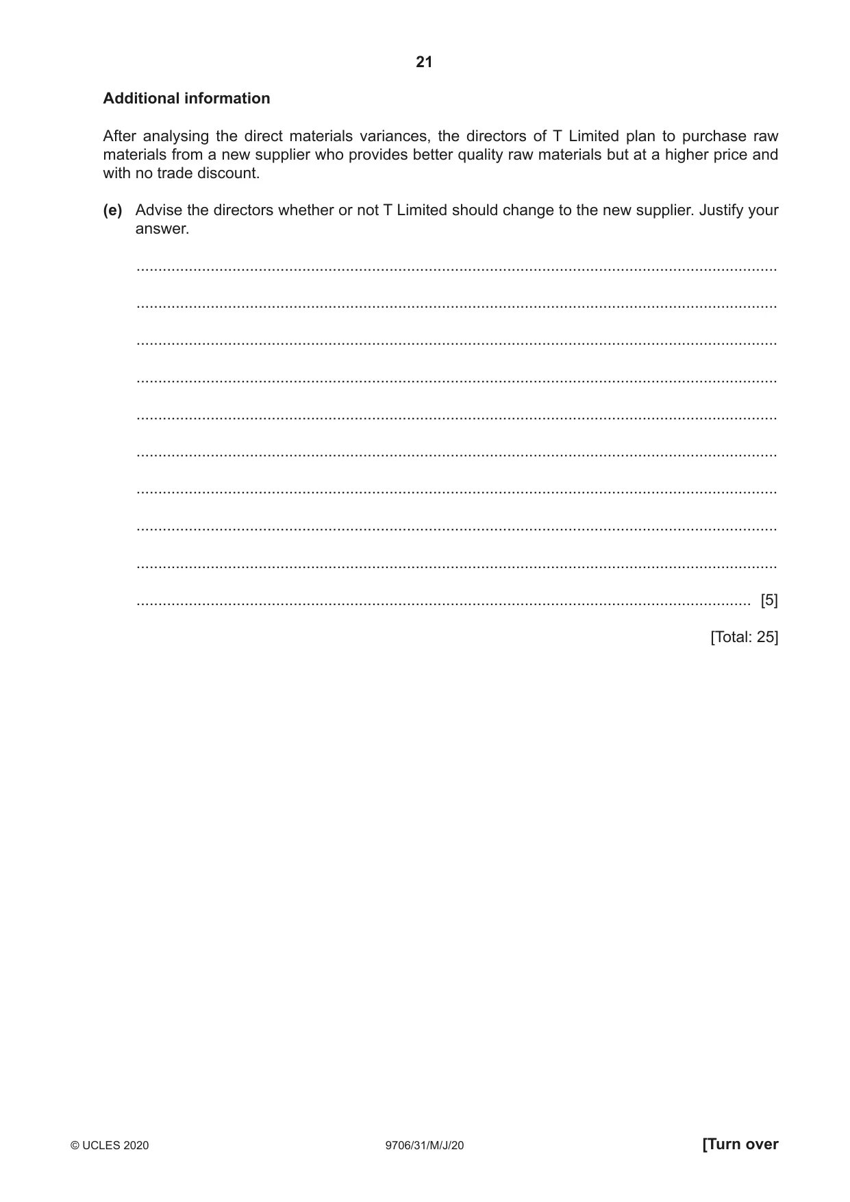 Cambridge A Level Accounting 9706 2020 May/June Paper 3 · Variant 1 question paper, page 21 of 28