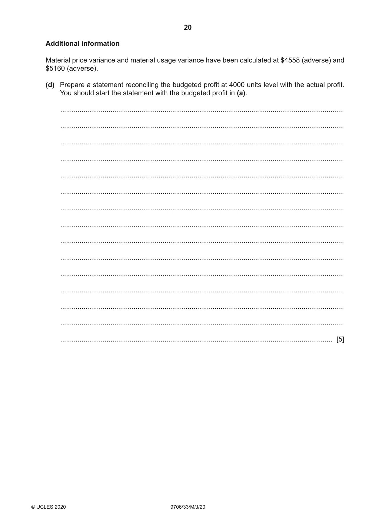 Cambridge A Level Accounting 9706 2020 May/June Paper 3 · Variant 3 question paper, page 20 of 28