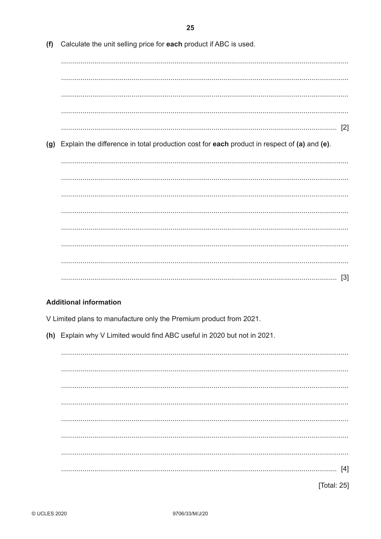 Cambridge A Level Accounting 9706 2020 May/June Paper 3 · Variant 3 question paper, page 25 of 28