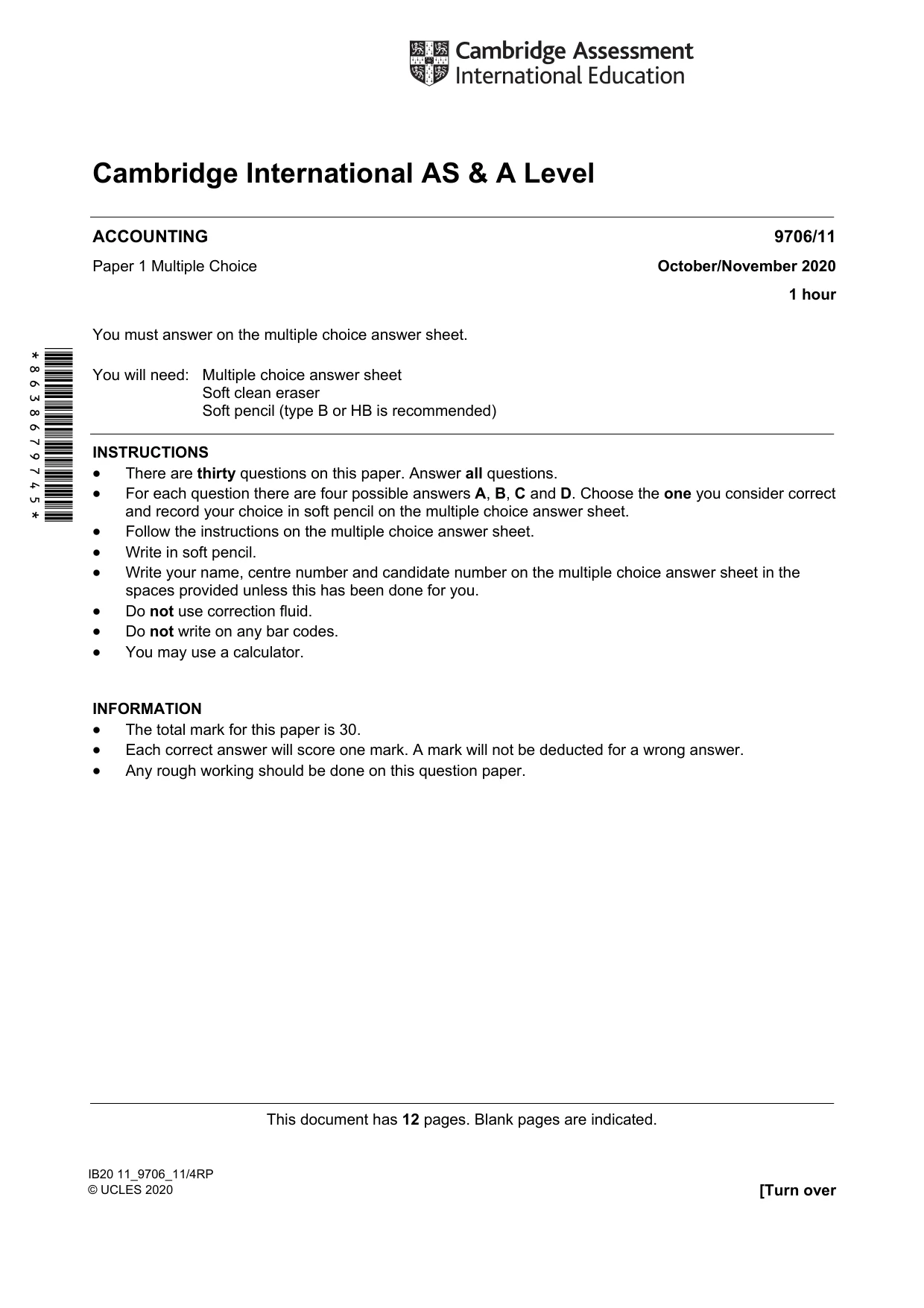Cambridge A Level Accounting 9706 2020 Oct/Nov Paper 1 · Variant 1 question paper, page 1 of 12