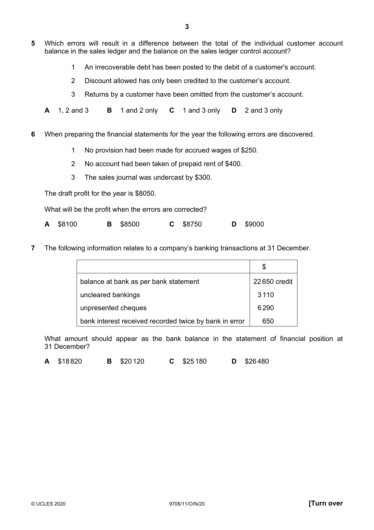 Cambridge A Level Accounting 9706 2020 Oct/Nov Paper 1 · Variant 1 question paper, page 3 of 12