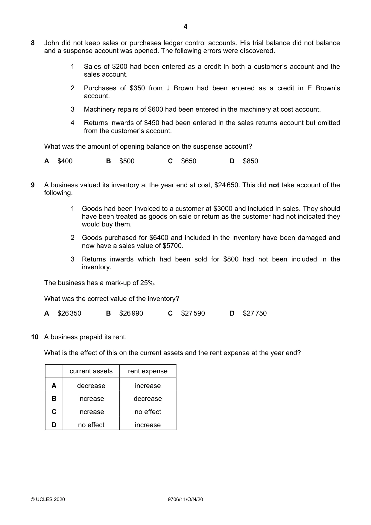 Cambridge A Level Accounting 9706 2020 Oct/Nov Paper 1 · Variant 1 question paper, page 4 of 12