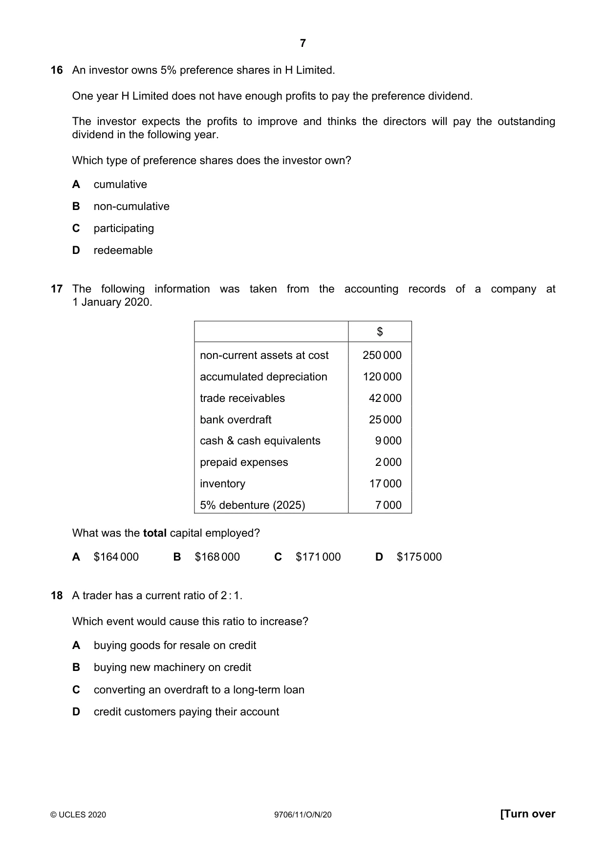 Cambridge A Level Accounting 9706 2020 Oct/Nov Paper 1 · Variant 1 question paper, page 7 of 12