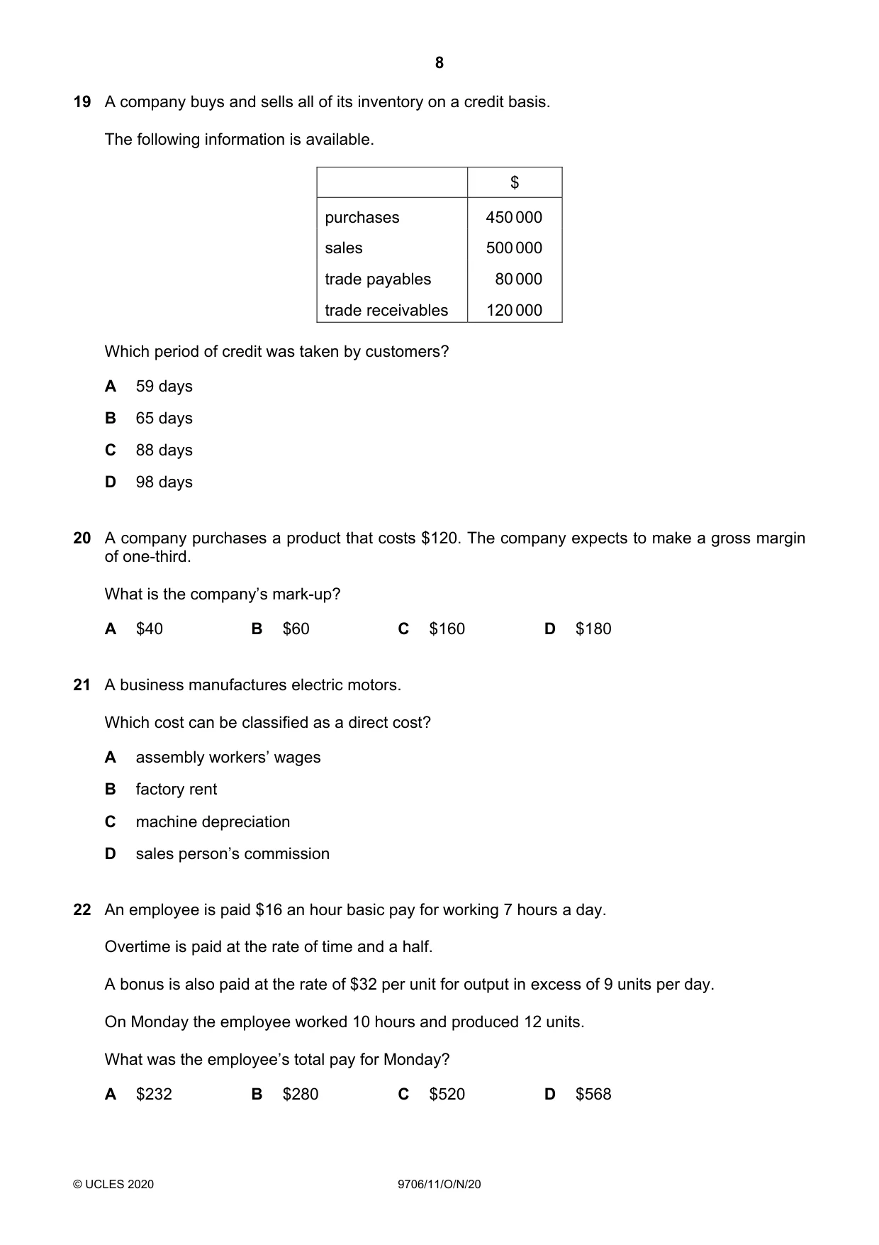 Cambridge A Level Accounting 9706 2020 Oct/Nov Paper 1 · Variant 1 question paper, page 8 of 12