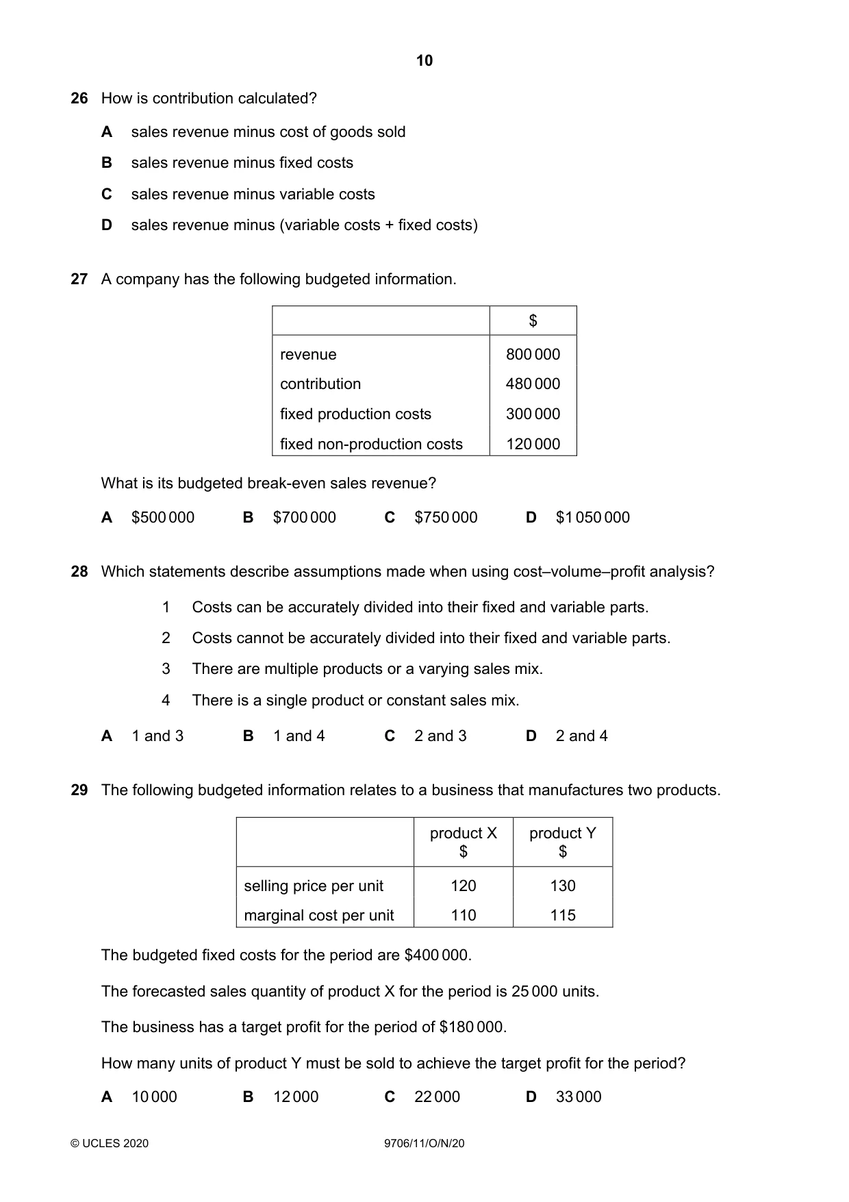 Cambridge A Level Accounting 9706 2020 Oct/Nov Paper 1 · Variant 1 question paper, page 10 of 12