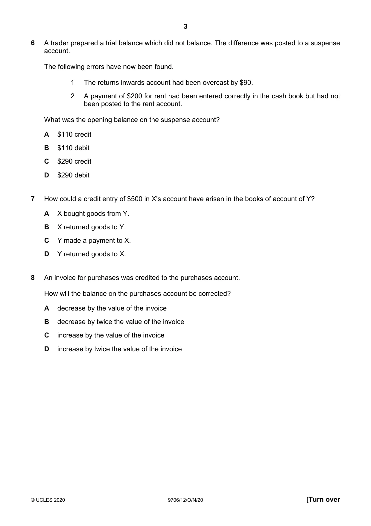 Cambridge A Level Accounting 9706 2020 Oct/Nov Paper 1 · Variant 2 question paper, page 3 of 12