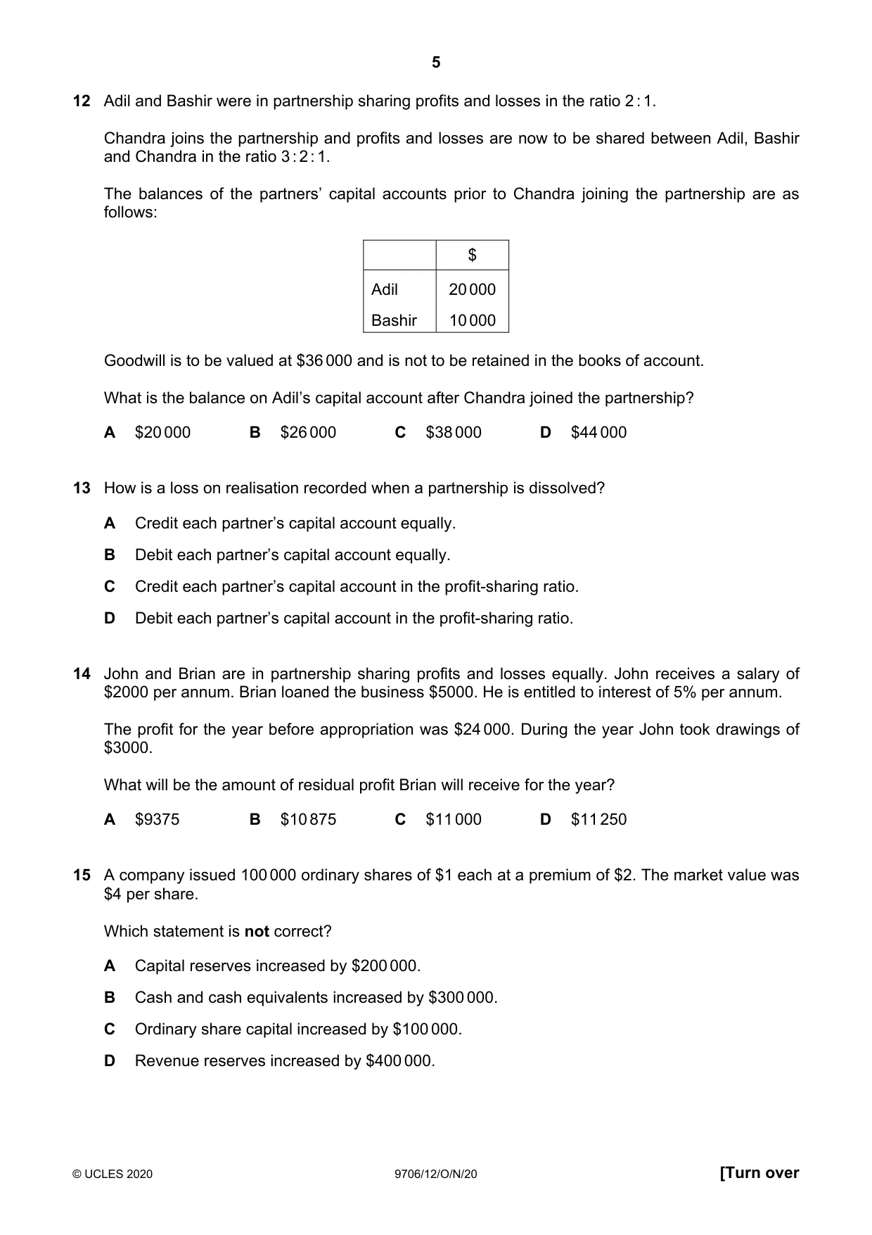 Cambridge A Level Accounting 9706 2020 Oct/Nov Paper 1 · Variant 2 question paper, page 5 of 12