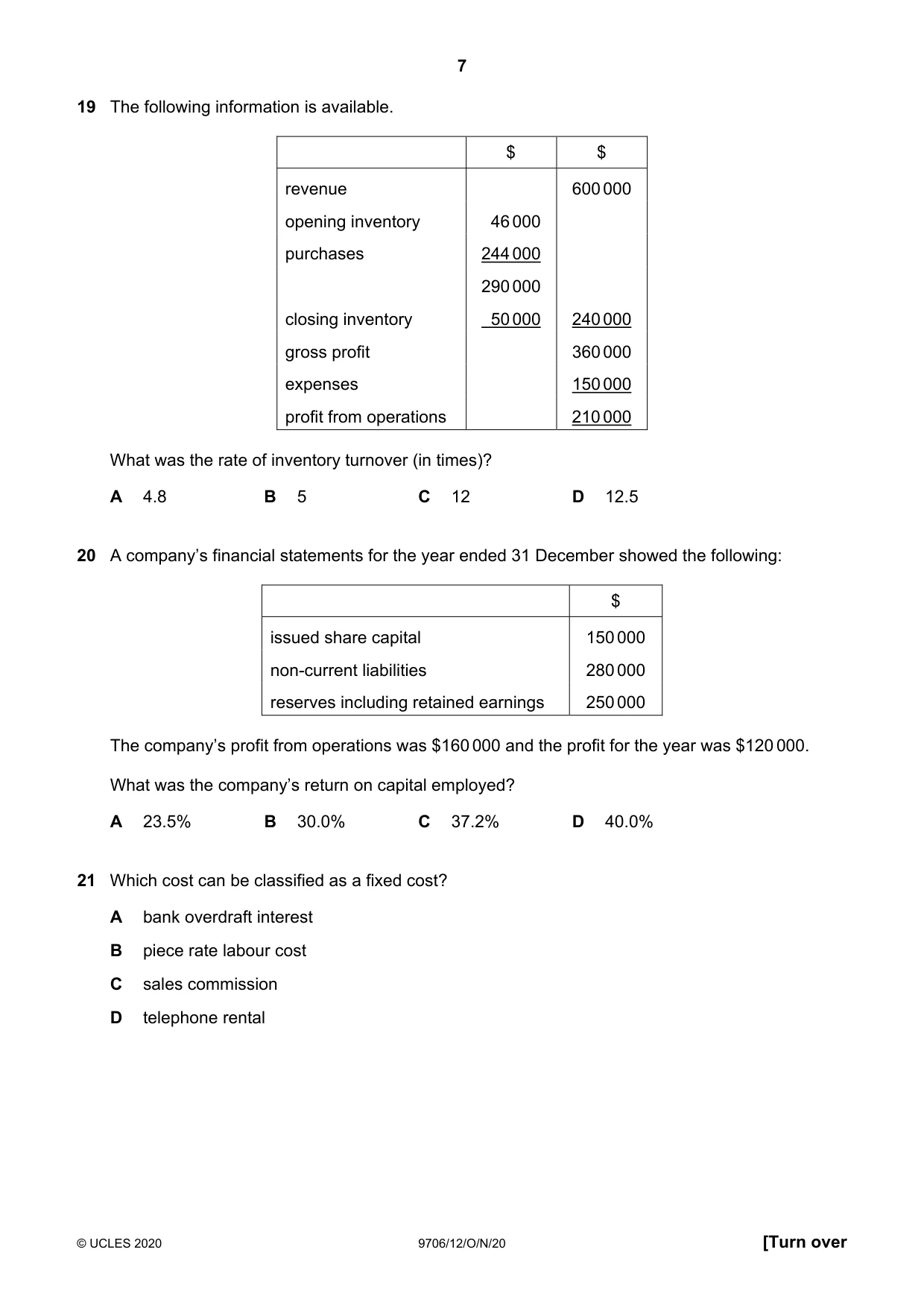 Cambridge A Level Accounting 9706 2020 Oct/Nov Paper 1 · Variant 2 question paper, page 7 of 12