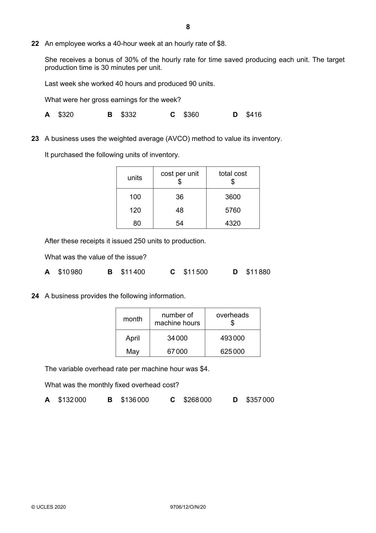 Cambridge A Level Accounting 9706 2020 Oct/Nov Paper 1 · Variant 2 question paper, page 8 of 12