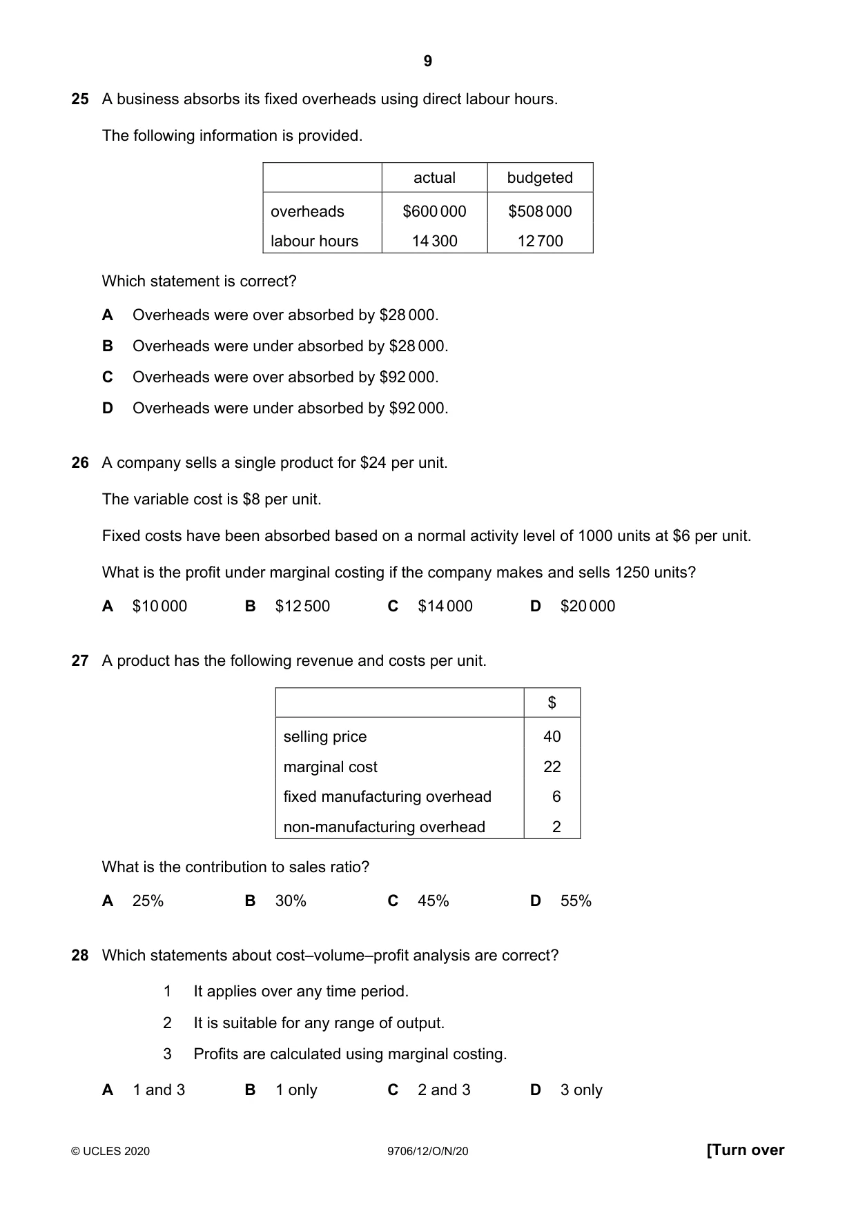 Cambridge A Level Accounting 9706 2020 Oct/Nov Paper 1 · Variant 2 question paper, page 9 of 12